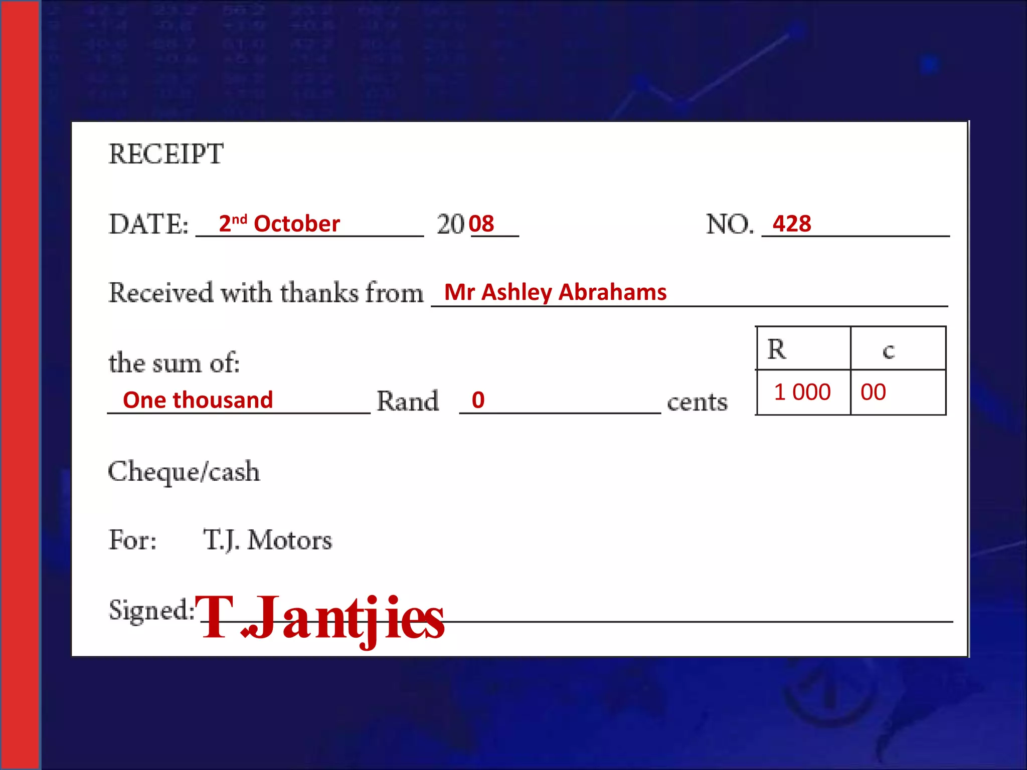 2 nd  October  08 428 Mr Ashley Abrahams One thousand  0 1 000  00 T.Jantjies 