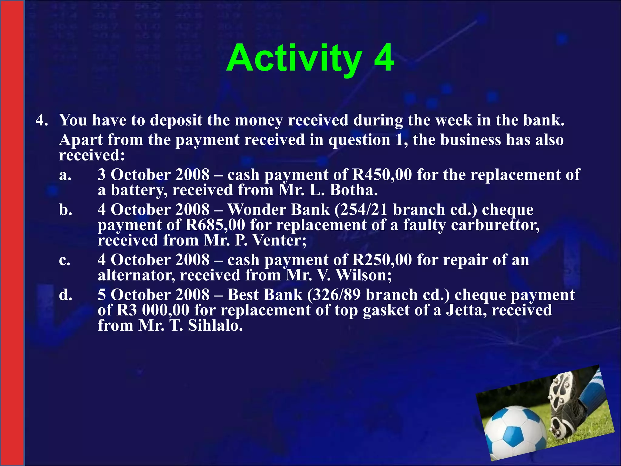 Activity 4 4. You have to deposit the money received during the week in the bank. Apart from the payment received in question 1, the business has also received: a. 3 October 2008 – cash payment of R450,00 for the replacement of  a battery, received from Mr. L. Botha. b. 4 October 2008 – Wonder Bank (254/21 branch cd.) cheque  payment of R685,00 for replacement of a faulty carburettor,  received from Mr. P. Venter;  c. 4 October 2008 – cash payment of R250,00 for repair of an  alternator, received from Mr. V. Wilson; d.  5 October 2008 – Best Bank (326/89 branch cd.) cheque payment  of R3 000,00 for replacement of top gasket of a Jetta, received  from Mr. T. Sihlalo. 