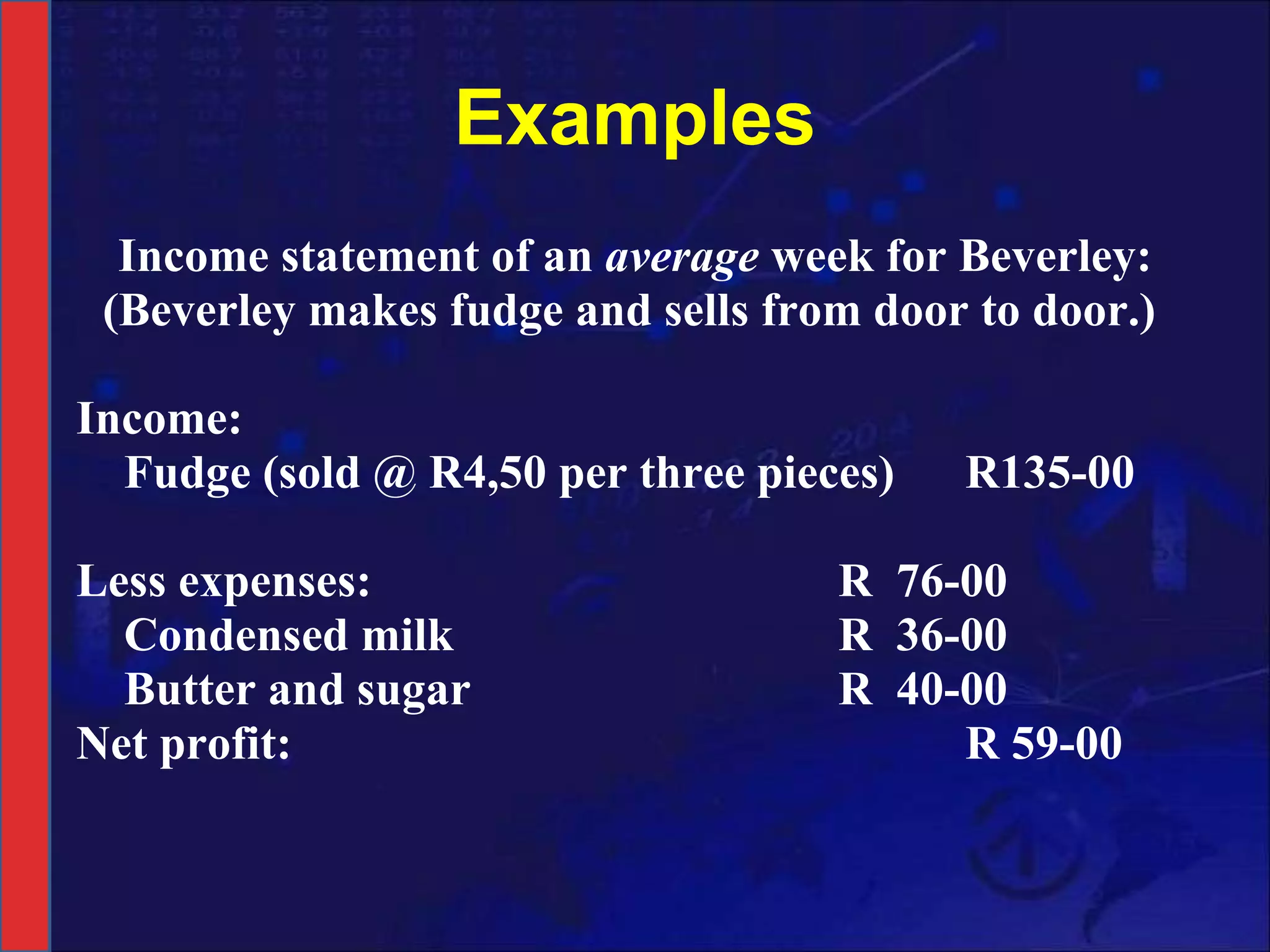 Examples Income statement of an  average  week for Beverley: (Beverley makes fudge and sells from door to door.)  Income: Fudge (sold @ R4,50 per three pieces) R135-00 Less expenses: R  76-00 Condensed milk R  36-00 Butter and sugar R  40-00 Net profit: R 59-00 