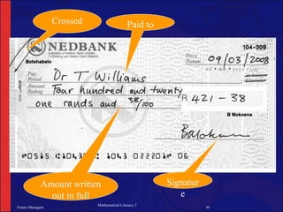 Crossed                    Paid to




             Amount written                            Signatur
               out in full                                e
                            Mathematical Literacy 2
Future Managers                                                   30
 