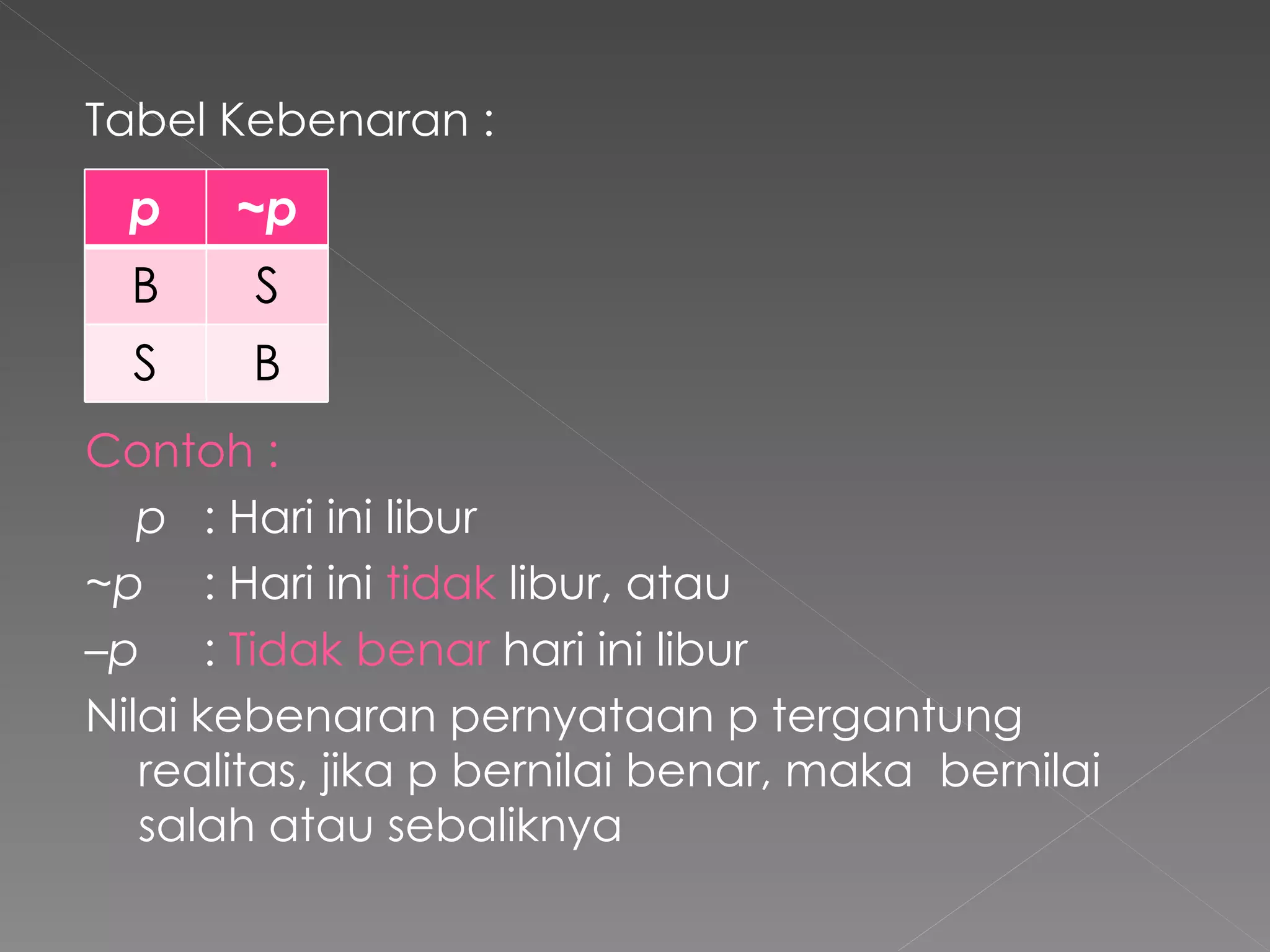 Tabel Kebenaran :  Contoh : p  : Hari ini libur ~p   : Hari ini  tidak   libur, atau  – p   :  Tidak benar  hari ini libur Nilai kebenaran pernyataan p tergantung realitas, jika p bernilai benar, maka  bernilai salah atau sebaliknya   p ~p B S S B 