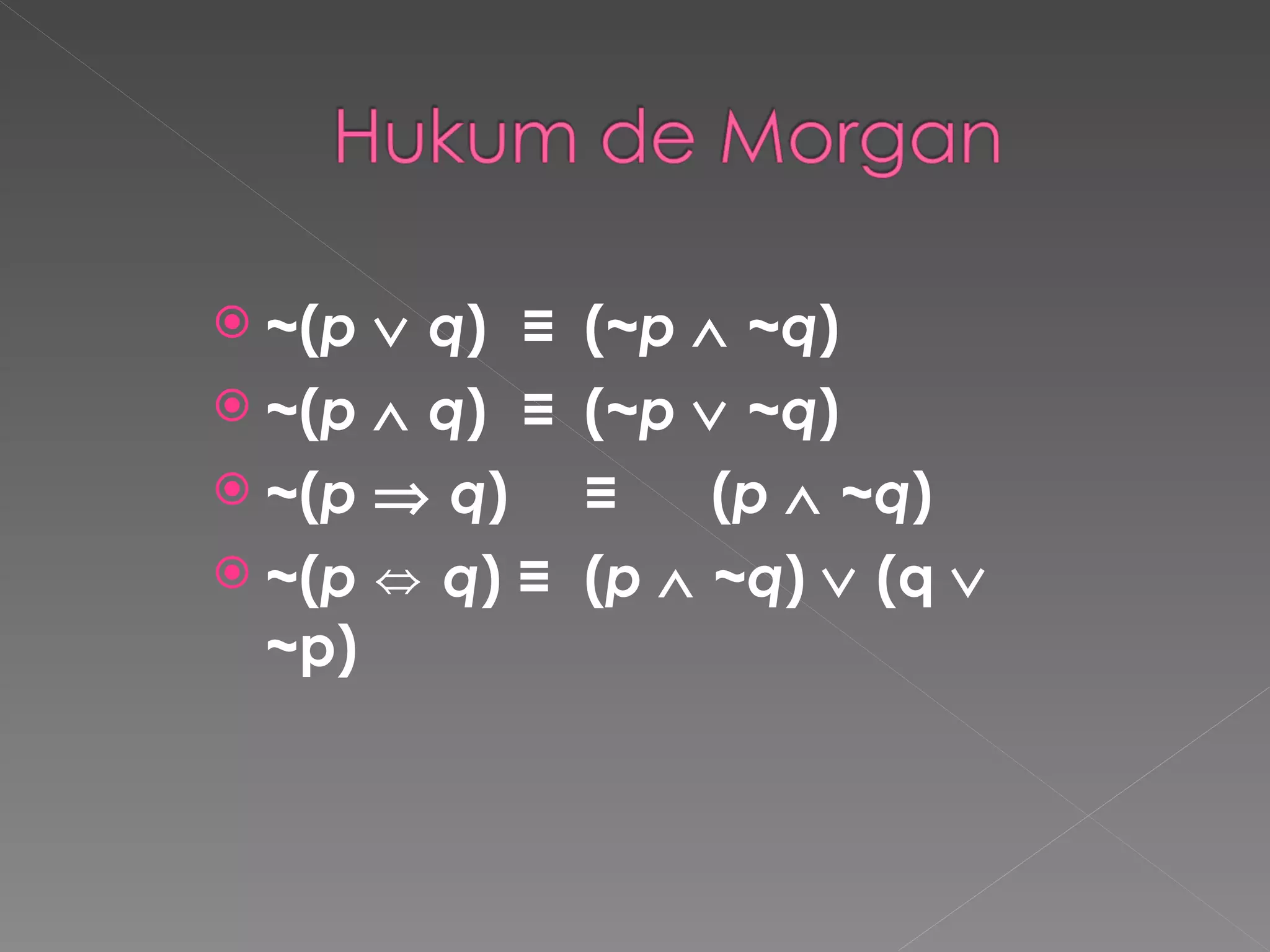 ~ ( p     q )  ≡  ( ~ p     ~ q )  ~ ( p     q )  ≡   ( ~ p     ~ q )  ~ ( p     q )   ≡ ( p     ~ q ) ~ ( p  ⇔   q )  ≡ ( p     ~ q )    (q     ~ p) 
