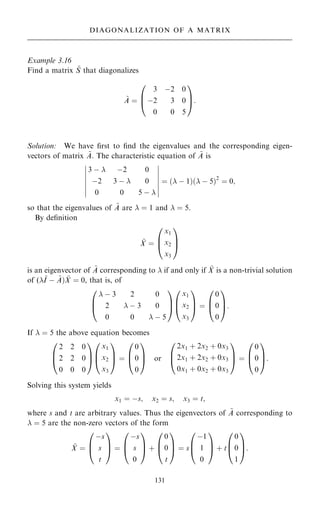 Example 3.16
Find a matrix ~
S that diagonalizes
~
A ˆ
3 ÿ2 0
ÿ2 3 0
0 0 5
0
B
@
1
C
A:
Solution: We have ®rst to ®nd the eigenvalues and the corresponding eigen-
vectors of matrix ~
A. The characteristic equation of ~
A is
3 ÿ  ÿ2 0
ÿ2 3 ÿ  0
0 0 5 ÿ 
þ
þ
þ
þ
þ
þ
þ
þ
þ
þ
þ
þ
þ
þ
ˆ … ÿ 1†… ÿ 5†2
ˆ 0;
so that the eigenvalues of ~
A are  ˆ 1 and  ˆ 5.
By de®nition
~
X ˆ
x1
x2
x3
0
B
@
1
C
A
is an eigenvector of ~
A corresponding to  if and only if ~
X is a non-trivial solution
of (~
I ÿ ~
A† ~
X ˆ 0, that is, of
 ÿ 3 2 0
2  ÿ 3 0
0 0  ÿ 5
0
B
@
1
C
A
x1
x2
x3
0
B
@
1
C
A ˆ
0
0
0
0
B
@
1
C
A:
If  ˆ 5 the above equation becomes
2 2 0
2 2 0
0 0 0
0
B
@
1
C
A
x1
x2
x3
0
B
@
1
C
A ˆ
0
0
0
0
B
@
1
C
A or
2x1 ‡ 2x2 ‡ 0x3
2x1 ‡ 2x2 ‡ 0x3
0x1 ‡ 0x2 ‡ 0x3
0
B
@
1
C
A ˆ
0
0
0
0
B
@
1
C
A:
Solving this system yields
x1 ˆ ÿs; x2 ˆ s; x3 ˆ t;
where s and t are arbitrary values. Thus the eigenvectors of ~
A corresponding to
 ˆ 5 are the non-zero vectors of the form
~
X ˆ
ÿs
s
t
0
B
@
1
C
A ˆ
ÿs
s
0
0
B
@
1
C
A ‡
0
0
t
0
B
@
1
C
A ˆ s
ÿ1
1
0
0
B
@
1
C
A ‡ t
0
0
1
0
B
@
1
C
A:
131
DIAGONALIZATION OF A MATRIX
 