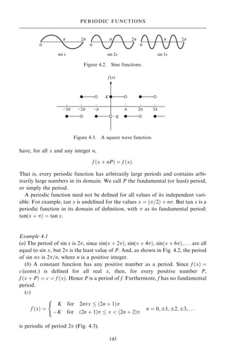 have, for all x and any integer n,
f …x ‡ nP† ˆ f …x†:
That is, every periodic function has arbitrarily large periods and contains arbi-
trarily large numbers in its domain. We call P the fundamental (or least) period,
or simply the period.
A periodic function need not be de®ned for all values of its independent vari-
able. For example, tan x is unde®ned for the values x ˆ …=2† ‡ n. But tan x is a
periodic function in its domain of de®nition, with  as its fundamental period:
tan(x ‡ † ˆ tan x.
Example 4.1
(a) The period of sin x is 2, since sin(x ‡ 2†, sin(x ‡ 4†; sin…x ‡ 6†; . . . are all
equal to sin x, but 2 is the least value of P. And, as shown in Fig. 4.2, the period
of sin nx is 2=n, where n is a positive integer.
(b) A constant function has any positive number as a period. Since f …x† ˆ
c (const.) is de®ned for all real x, then, for every positive number P,
f …x ‡ P† ˆ c ˆ f …x†. Hence P is a period of f. Furthermore, f has no fundamental
period.
(c)
f …x† ˆ
K for 2nx  …2n ‡ 1†
ÿK for …2n ‡ 1†  x  …2n ‡ 2†
(
n ˆ 0; 1; 2; 3; . . .
is periodic of period 2 (Fig. 4.3).
145
PERIODIC FUNCTIONS
Figure 4.2. Sine functions.
Figure 4.3. A square wave function.
 