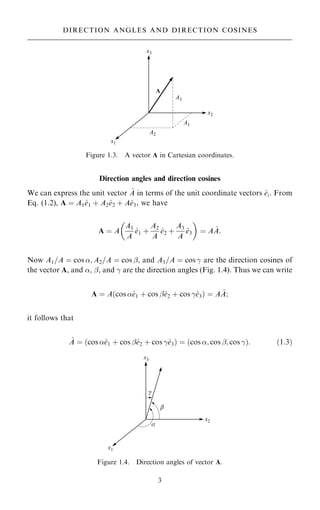 Direction angles and direction cosines
We can express the unit vector ^
A in terms of the unit coordinate vectors ^
ei. From
Eq. (1.2), A ˆ A1^
e1 ‡ A2^
e2 ‡ A^
e3, we have
A ˆ A
A1
A
^
e1 ‡
A2
A
^
e2 ‡
A3
A
^
e3
 
ˆ A ^
A:
Now A1=A ˆ cos ; A2=A ˆ cos þ, and A3=A ˆ cos ÿ are the direction cosines of
the vector A, and , þ, and ÿ are the direction angles (Fig. 1.4). Thus we can write
A ˆ A…cos ^
e1 ‡ cos þ^
e2 ‡ cos ÿ^
e3† ˆ A ^
A;
it follows that
^
A ˆ …cos ^
e1 ‡ cos þ^
e2 ‡ cos ÿ^
e3† ˆ …cos ; cos þ; cos ÿ†: …1:3†
3
DIRECTION ANGLES AND DIRECTION COSINES
Figure 1.3. A vector A in Cartesian coordinates.
Figure 1.4. Direction angles of vector A.
 
