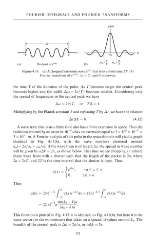 the time T of the duration of the pulse. As T becomes larger the central peak
becomes higher and the width !…ˆ 2=T† becomes smaller. Considering only
the spread of frequencies in the central peak we have
! ˆ 2=T; or T ˆ 1:
Multiplying by the Planck constant h and replacing T by t, we have the relation
tE ˆ h: …4:32†
A wave train that lasts a ®nite time also has a ®nite extension in space. Thus the
radiation emitted by an atom in 10ÿ9
s has an extension equal to 3  108
 10ÿ9
ˆ
3  10ÿ1
m. A Fourier analysis of this pulse in the space domain will yield a graph
identical to Fig. 4.11(b), with the wave numbers clustered around
k0…ˆ 2=0 ˆ !0=v†. If the wave train is of length 2a, the spread in wave number
will be given by ak ˆ 2, as shown below. This time we are chopping an in®nite
plane wave front with a shutter such that the length of the packet is 2a, where
2a ˆ 2vT, and 2T is the time interval that the shutter is open. Thus
ý…x† ˆ
eik0x
; ÿa  x  a
0; jxj  a
:
(
Then
…k† ˆ …2†ÿ1=2
Z 1
ÿ1
ý…x†eÿikx
dx ˆ …2†ÿ1=2
Z a
ÿa
ý…x†eÿikx
dx
ˆ …2=†1=2
a
sin…k0 ÿ k†a
…k0 ÿ k†a
:
This function is plotted in Fig. 4.17: it is identical to Fig. 4.16(b), but here it is the
wave vector (or the momentum) that takes on a spread of values around k0. The
breadth of the central peak is k ˆ 2=a, or ak ˆ 2.
171
FOURIER INTEGRALS AND FOURIER TRANSFORMS
Figure 4.16. (a) A chopped harmonic wave ei!0t
that lasts a ®nite time 2T. …b†
Fourier transform of e…i!0t†
; jtj  T, and 0 otherwise.
 