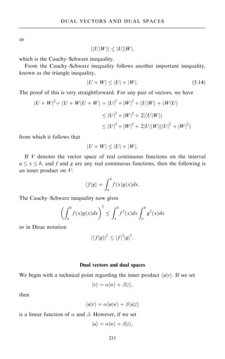 or
U
h jWi
j j  U
j j W
j j;
which is the Cauchy±Schwarz inequality.
From the Cauchy±Schwarz inequality follows another important inequality,
known as the triangle inequality,
U ‡ W
j j  U
j j ‡ W
j j: …5:14†
The proof of this is very straightforward. For any pair of vectors, we have
U ‡ W
j j2
ˆ U ‡ W
h jU ‡ Wi ˆ U
j j2
‡ W
j j2
‡ U
h jWi ‡ W
h jUi
 U
j j2
‡ W
j j2
‡ 2 U
h jWi
j j
 U
j j2
‡ W
j j2
‡ 2 U
j j W
j j… U
j j2
‡ W
j j2
†
from which it follows that
U ‡ W
j j  U
j j ‡ W
j j:
If V denotes the vector space of real continuous functions on the interval
a  x  b, and f and g are any real continuous functions, then the following is
an inner product on V:
f
h jgi ˆ
Z b
a
f …x†g…x†dx:
The Cauchy±Schwarz inequality now gives
Z b
a
f …x†g…x†dx
 2

Z b
a
f 2
…x†dx
Z b
a
g2
…x†dx
or in Dirac notation
f
h jgi
j j2
 f
j j2
g
j j2
:
Dual vectors and dual spaces
We begin with a technical point regarding the inner product hujvi. If we set
jvi ˆ jwi ‡ ÿjzi;
then
hujvi ˆ hujwi ‡ ÿhujzi
is a linear function of  and ÿ. However, if we set
jui ˆ jwi ‡ ÿjzi;
211
DUAL VECTORS AND DUAL SPACES
 