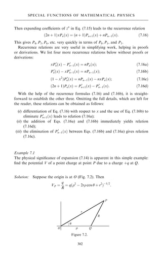 Then expanding coecients of zn
in Eq. (7.15) leads to the recurrence relation
…2n ‡ 1†xPn…x† ˆ …n ‡ 1†Pn‡1…x† ‡ nPnÿ1…x†: …7:16†
This gives P4; P5; P6, etc. very quickly in terms of P0; P1, and P3.
Recurrence relations are very useful in simplifying work, helping in proofs
or derivations. We list four more recurrence relations below without proofs or
derivations:
xP0
n…x† ÿ P0
nÿ1…x† ˆ nPn…x†; …7:16a†
P0
n…x† ÿ xP0
nÿ1…x† ˆ nPnÿ1…x†; …7:16b†
…1 ÿ x2
†P0
n…x† ˆ nPnÿ1…x† ÿ nxPn…x†; …7:16c†
…2n ‡ 1†Pn…x† ˆ P0
n‡1…x† ÿ P0
nÿ1…x†: …7:16d†
With the help of the recurrence formulas (7.16) and (7.16b), it is straight-
forward to establish the other three. Omitting the full details, which are left for
the reader, these relations can be obtained as follows:
(i) diÿerentiation of Eq. (7.16) with respect to x and the use of Eq. (7.16b) to
eliminate P0
n‡1…x† leads to relation (7.16a);
(ii) the addition of Eqs. (7.16a) and (7.16b) immediately yields relation
(7.16d);
(iii) the elimination of P0
nÿ1…x† between Eqs. (7.16b) and (7.16a) gives relation
(7.16c).
Example 7.1
The physical signi®cance of expansion (7.14) is apparent in this simple example:
®nd the potential V of a point charge at point P due to a charge ‡q at Q.
Solution: Suppose the origin is at O (Fig. 7.2). Then
VP ˆ
q
R
ˆ q…2
ÿ 2r cos  ‡ r2
†ÿ1=2
:
302
SPECIAL FUNCTIONS OF MATHEMATICAL PHYSICS
Figure 7.2.
 