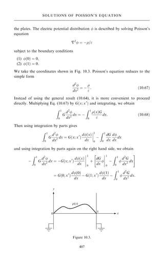 the plates. The electric potential distribution  is described by solving Poisson's
equation
r2
 ˆ ÿ=
subject to the boundary conditions
(1) …0† ˆ 0;
(2) …1† ˆ 0:
We take the coordinates shown in Fig. 10.3. Poisson's equation reduces to the
simple form
d2

dx2
ˆ ÿ


: …10:67†
Instead of using the general result (10.64), it is more convenient to proceed
directly. Multiplying Eq. (10.67) by G…x; x0
† and integrating, we obtain
Z 1
0
G
d2

dx2
dx ˆ ÿ
Z 1
0
…x†G

dx: …10:68†
Then using integration by parts gives
Z 1
0
G
d2

dx2
dx ˆ G…x; x0
†
d…x†
dx
ÿ
ÿ
ÿ
ÿ
1
0
ÿ
Z 1
0
dG
dx
d
dx
dx
and using integration by parts again on the right hand side, we obtain
ÿ
Z 1
0
G
d2

dx2
dx ˆ ÿG…x; x0
†
d…x†
dx
1
0
‡
dG
dx

1
0
ÿ
Z 1
0

d2
G
dx2
dx
ÿ
ÿ
ÿ
ÿ
ÿ
 #
ÿ
ÿ
ÿ
ÿ
ÿ
ˆ G…0; x0
†
d…0†
dx
ÿ G…1; x0
†
d…1†
dx
ÿ
Z 1
0

d2
G
dx2
dx:
407
SOLUTIONS OF POISSON'S EQUATION
Figure 10.3.
 