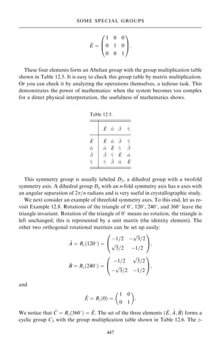 ~
E ˆ
1 0 0
0 1 0
0 0 1
0
B
@
1
C
A:
These four elements form an Abelian group with the group multiplication table
shown in Table 12.5. It is easy to check this group table by matrix multiplication.
Or you can check it by analyzing the operations themselves, a tedious task. This
demonstrates the power of mathematics: when the system becomes too complex
for a direct physical interpretation, the usefulness of mathematics shows.
This symmetry group is usually labeled D2, a dihedral group with a twofold
symmetry axis. A dihedral group Dn with an n-fold symmetry axis has n axes with
an angular separation of 2=n radians and is very useful in crystallographic study.
We next consider an example of threefold symmetry axes. To this end, let us re-
visit Example 12.8. Rotations of the triangle of 08, 1208, 2408, and 3608 leave the
triangle invariant. Rotation of the triangle of 08 means no rotation, the triangle is
left unchanged; this is represented by a unit matrix (the identity element). The
other two orthogonal rotational matrices can be set up easily:
~
A ˆ Rz…1208† ˆ
ÿ1=2 ÿ

3
p
=2

3
p
=2 ÿ1=2
0
@
1
A;
~
B ˆ Rz…2408† ˆ
ÿ1=2

3
p
=2
ÿ

3
p
=2 ÿ1=2
0
@
1
A;
and
~
E ˆ Rz…0† ˆ
1 0
0 1
 
:
We notice that ~
C ˆ Rz…3608† ˆ ~
E. The set of the three elements … ~
E; ~
A; ~
B† forms a
cyclic group C3 with the group multiplication table shown in Table 12.6. The z-
447
SOME SPECIAL GROUPS
Table 12.5.
~
E ~
 ~
þ ~
ÿ
~
E ~
E ~
 ~
þ ~
ÿ
~
 ~
 ~
E ~
ÿ ~
þ
~
þ ~
þ ~
ÿ ~
E ~

~
ÿ ~
ÿ ~
þ ~
 ~
E
 