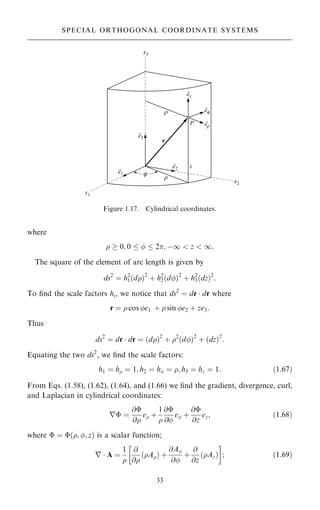 where
  0; 0    2; ÿ1  z  1:
The square of the element of arc length is given by
ds2
ˆ h2
1…d†2
‡ h2
2…d†2
‡ h2
3…dz†2
:
To ®nd the scale factors hi, we notice that ds2
ˆ dr  dr where
r ˆ  cos e1 ‡  sin e2 ‡ ze3:
Thus
ds2
ˆ dr  dr ˆ …d†2
‡ 2
…d†2
‡ …dz†2
:
Equating the two ds2
, we ®nd the scale factors:
h1 ˆ h ˆ 1; h2 ˆ h ˆ ; h3 ˆ hz ˆ 1: …1:67†
From Eqs. (1.58), (1.62), (1.64), and (1.66) we ®nd the gradient, divergence, curl,
and Laplacian in cylindrical coordinates:
r ˆ
@
@
e ‡
1

@
@
e ‡
@
@z
ez; …1:68†
where  ˆ …; ; z† is a scalar function;
r  A ˆ
1

@
@
…A† ‡
@A
@
‡
@
@z
…Az†
 
; …1:69†
33
SPECIAL ORTHOGONAL COORDINATE SYSTEMS
Figure 1.17. Cylindrical coordinates.
 