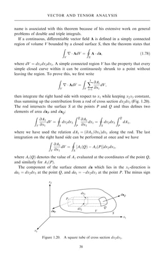 name is associated with this theorem because of his extensive work on general
problems of double and triple integrals.
If a continuous, diÿerentiable vector ®eld A is de®ned in a simply connected
region of volume V bounded by a closed surface S, then the theorem states that
Z
V
r  AdV ˆ
I
S
A  da; …1:78†
where dV ˆ dx1dx2dx3. A simple connected region V has the property that every
simple closed curve within it can be continuously shrunk to a point without
leaving the region. To prove this, we ®rst write
Z
V
r  AdV ˆ
Z
V
X
3
iˆ1
@Ai
@xi
dV;
then integrate the right hand side with respect to x1 while keeping x2x3 constant,
thus summing up the contribution from a rod of cross section dx2dx3 (Fig. 1.20).
The rod intersects the surface S at the points P and Q and thus de®nes two
elements of area daP and daQ:
Z
V
@A1
@x1
dV ˆ
I
S
dx2dx3
Z Q
P
@A1
@x1
dx1 ˆ
I
S
dx2dx3
Z Q
P
dA1;
where we have used the relation dA1 ˆ …@A1=@x1†dx1 along the rod. The last
integration on the right hand side can be performed at once and we have
Z
V
@A1
@x1
dV ˆ
I
S
‰A1…Q† ÿ A1…P†Šdx2dx3;
where A1…Q† denotes the value of A1 evaluated at the coordinates of the point Q,
and similarly for A1…P†.
The component of the surface element da which lies in the x1-direction is
da1 ˆ dx2dx3 at the point Q, and da1 ˆ ÿdx2dx3 at the point P. The minus sign
38
VECTOR AND TENSOR ANALYSIS
Figure 1.20. A square tube of cross section dx2dx3.
 