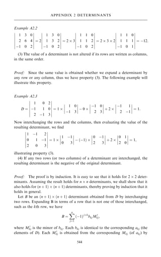 Example A2.2
1 3 0
2 6 4
ÿ1 0 2
ÿ
ÿ
ÿ
ÿ
ÿ
ÿ
ÿ
ÿ
ÿ
ÿ
ÿ
ÿ
ÿ
ÿ
ˆ 2
1 3 0
1 3 2
ÿ1 0 2
ÿ
ÿ
ÿ
ÿ
ÿ
ÿ
ÿ
ÿ
ÿ
ÿ
ÿ
ÿ
ÿ
ÿ
ˆ 2  3
1 1 0
1 1 2
ÿ1 0 2
ÿ
ÿ
ÿ
ÿ
ÿ
ÿ
ÿ
ÿ
ÿ
ÿ
ÿ
ÿ
ÿ
ÿ
ˆ 2  3  2
1 1 0
1 1 1
ÿ1 0 1
ÿ
ÿ
ÿ
ÿ
ÿ
ÿ
ÿ
ÿ
ÿ
ÿ
ÿ
ÿ
ÿ
ÿ
ˆ ÿ12:
(3) The value of a determinant is not altered if its rows are written as columns,
in the same order.
Proof: Since the same value is obtained whether we expand a determinant by
any row or any column, thus we have property (3). The following example will
illustrate this property.
Example A2.3
D ˆ
1 0 2
ÿ1 1 0
2 ÿ1 3
ÿ
ÿ
ÿ
ÿ
ÿ
ÿ
ÿ
ÿ
ÿ
ÿ
ÿ
ÿ
ÿ
ÿ
ˆ 1 
1 0
ÿ1 3
ÿ
ÿ
ÿ
ÿ
ÿ
ÿ
ÿ
ÿ ÿ 0 
ÿ1 0
2 3
ÿ
ÿ
ÿ
ÿ
ÿ
ÿ
ÿ
ÿ ‡ 2 
ÿ1 1
2 ÿ1
ÿ
ÿ
ÿ
ÿ
ÿ
ÿ
ÿ
ÿ ˆ 1:
Now interchanging the rows and the columns, then evaluating the value of the
resulting determinant, we ®nd
1 ÿ1 2
0 1 ÿ1
2 0 3
ÿ
ÿ
ÿ
ÿ
ÿ
ÿ
ÿ
ÿ
ÿ
ÿ
ÿ
ÿ
ÿ
ÿ
ˆ 1 
1 ÿ1
0 3
ÿ
ÿ
ÿ
ÿ
ÿ
ÿ
ÿ
ÿ ÿ …ÿ1† 
0 ÿ1
2 3
ÿ
ÿ
ÿ
ÿ
ÿ
ÿ
ÿ
ÿ ‡ 2 
0 1
2 0
ÿ
ÿ
ÿ
ÿ
ÿ
ÿ
ÿ
ÿ ˆ 1;
illustrating property (3).
(4) If any two rows (or two columns) of a determinant are interchanged, the
resulting determinant is the negative of the original determinant.
Proof: The proof is by induction. It is easy to see that it holds for 2  2 deter-
minants. Assuming the result holds for n  n determinants, we shall show that it
also holds for …n ‡ 1†  …n ‡ 1† determinants, thereby proving by induction that it
holds in general.
Let B be an …n ‡ 1†  …n ‡ 1† determinant obtained from D by interchanging
two rows. Expanding B in terms of a row that is not one of those interchanged,
such as the kth row, we have
B ˆ
X
n
jˆ1
…ÿ1†j‡k
bkjM 0
kj;
where M 0
kj is the minor of bkj. Each bkj is identical to the corresponding akj (the
elements of D). Each M 0
kj is obtained from the corresponding Mkj (of akj) by
544
APPENDIX 2 DETERMINANTS
 