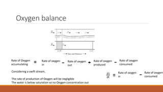 Oxygen balance
Rate of Oxygen
accumulating
Rate of oxygen
in
Rate of oxygen
out
Rate of oxygen
produced
Rate of oxygen
consumed
Considering a swift stream,
The rate of production of Oxygen will be negligible
The water is below saturation so no Oxygen concentration out
ⅆ𝑐
dt
Rate of oxygen
in
Rate of oxygen
consumed
 