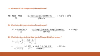 Q1 What will be the temperature of mixed water ?
T3 = T1Q1 + T2Q2 = (5 ͦͦC)(3 m3/s)+(35 ͦͦC)(0.54m3/s) = 9.6 ͦͦC = 10 ͦͦC
Q3 3.54 m3/s
Q2 What is the DO concentration of mixed water ?
D3 = D1Q1 + D2Q2 = (7.0 mg/l )(3 m3/s)+(1.1 mg/l )(0.54m3/s) = 6.1mg/l
Q3 3.54 m3/s
Q3 What is the time to the critical point of lowest Dissolved oxygen ?
= 1 ln [ 0.75 x (1- 5.17 (0.75-0.53)] = 0.25 day
(0.75-0.53) 0.53 0.53x 8.47
 