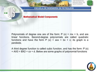 ESCUELA DE INGENIERÍA DE PETROLEOS   Polynomials of degree one are of the form: P (x) = mx + b, and are linear functions. Second-degree polynomials are called quadratic functions and have the form P (x) = axx + bx + c; its graph is a parabola.    A third degree function is called cubic function, and has the form: P (x) = AX3 + BX2 + cx + d. Below are some graphs of polynomial functions 