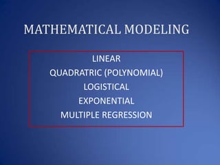MATHEMATICAL MODELING LINEAR QUADRATRIC (POLYNOMIAL) LOGISTICAL  EXPONENTIAL MULTIPLE REGRESSION 