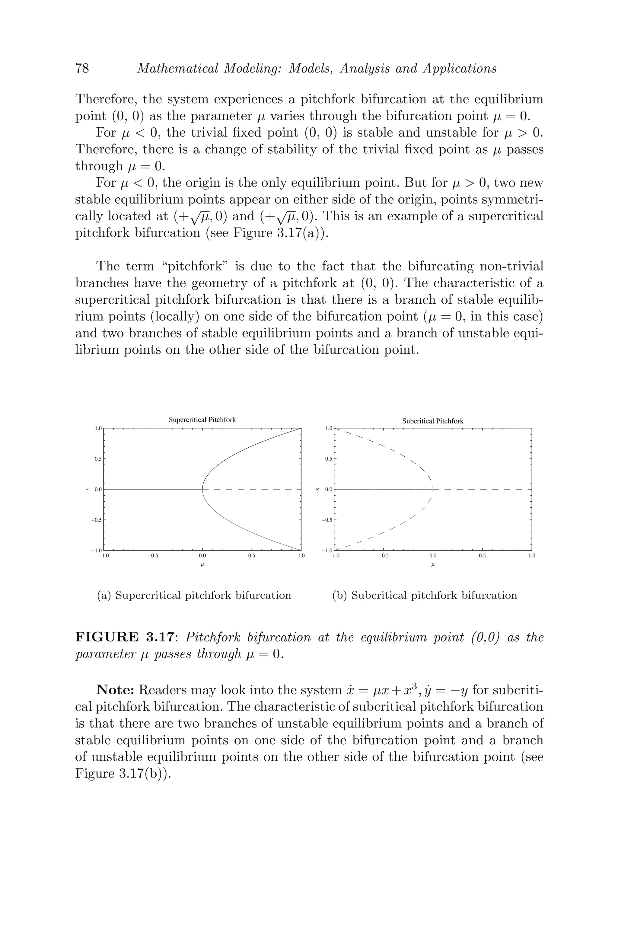 62 Mathematical Modeling: Models, Analysis and Applications
at the same rate. The system of diﬀerential equations governing this model is
[63]
dS
dt
= −αSI
dI
dt
= αSI (α  0)
⇒
dS
dt
= −αS(n + 1 − S)
dI
dt
= αI(n + 1 − I)
Integrating and using the initial condition we get,
S(t) =
n(n + 1)
n + e(n+1)βt
and I(t) =
(n + 1)
ne−(n+1)βt + 1
at t → ∞, S(t) → 0 and I(t) → n + 1.
Therefore, we conclude that as time increases, all the susceptible persons
will become infected.
Susceptible-Infective-Susceptible Model: A simple reﬁnement of the
previous model has been made and named as the SIS model where it is as-
sumed that the infected person has the ability to recover and move to the
susceptible class at a rate β (say). Then, we get the SIS model as [63]
dS
dt
= −αSI + βI
dI
dt
= αSI − βI
Since S(t) + I(t) = n + 1, we get
dS
dt
= {α(n + 1) − β}I − αI2
dI
dt
= β(n + 1) − {β + α(n + 1)}S + αS2
Integrating we get
S(t) =
−eβtc1
(1 + n) + e(1+n)α(t+c1)
β
−eβtc1 (1 + n) + e(1+n)α(t+c1)α
I(t) =
(α + nα − β)e(1+n)tα+βc2
−etβ+(1+n)αc1 + e(1+n)tα+βc2 α
where c1 and c2 are arbitrary constants of integration. As t → ∞, S(t) → β/α
and I(t) = 1 + n − β
α , provided (1 + n)α − β  0. Hence, in this case, a
 