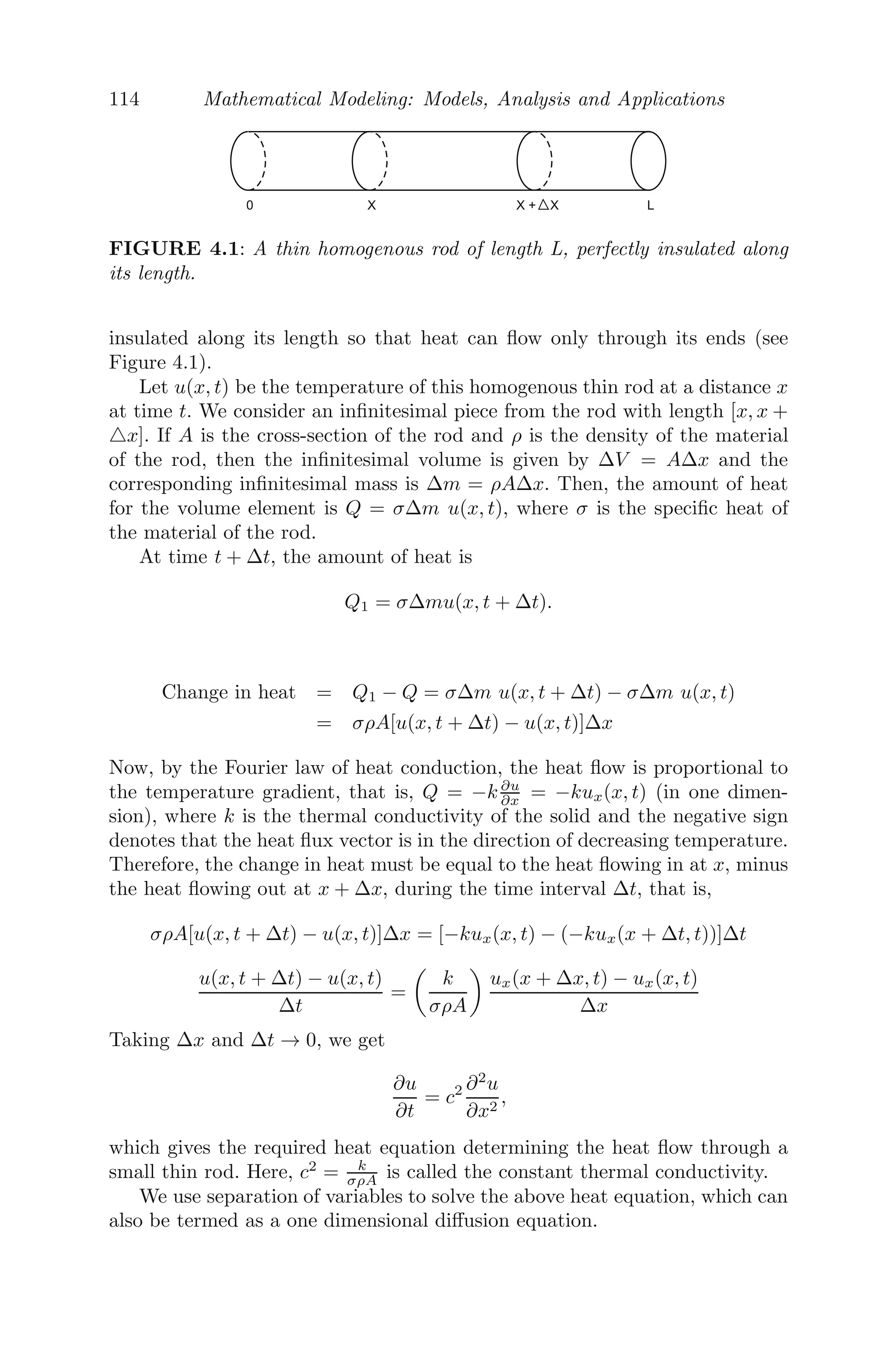 90 Mathematical Modeling: Models, Analysis and Applications
As t → ∞, p(t) tends to a steady value (α1−α2)
(β1−β2) , as both m1 and m2 are
negative.
Problem 3.7.11 Consider a model of species competing for food and space.
The governing equation is given by
dx
dt
= αx − βy
dy
dt
= γy − δx
where x and y are two competing species, α, β, γ, δ are positive constants.
(i) show that
d2
x
dt2
− (α + γ)
dx
dt
+ (αγ − βδ)x = 0
and solve for x.
(ii) Also, ﬁnd the solution for y.
(iii) If at t = 0, x = 100 and y = 200, obtain graphically the time when one
species is eliminated (take α = 0.2, β = 0.1, γ = 0.2, δ = 0.1).
Solution:(i) Given that,
dx
dt
= αx − βy and
dy
dt
= γy − δx
⇒
d2
x
dt2
= α
dx
dt
− β
dy
dt
= α
dx
dt
− β(γy − δx)
= α
dx
dt
− γ(−
dx
dt
− αx) + δβx
= α
dx
dt
+ γ
dx
dt
− αβx + δβx
⇒
d2
x
dt2
− (α + γ)
dx
dt
+ (αγ − βδ)x = 0
This is a second order ordinary diﬀerential equation with constant coeﬃcients,
whose auxiliary equation is
m2
− (α + γ)m + (αγ − βδ) = 0.
Solving, we get, m1, m2 =
(α + γ) ±

γ2 + α2 + 4βδ − 2αγ
2
Therefore, the required solution is
x(t) = Aem1t
+ Bem2t
(ii) y(t) = Cem3t
+ Dem4t
(Do yourself).
(iii) The model is solved numerically with α = 0.2, β = 0.1, γ = 0.2, δ = 0.1
and Figure 3.22 shows that species x goes to extinction after 5.5 units of time.
 