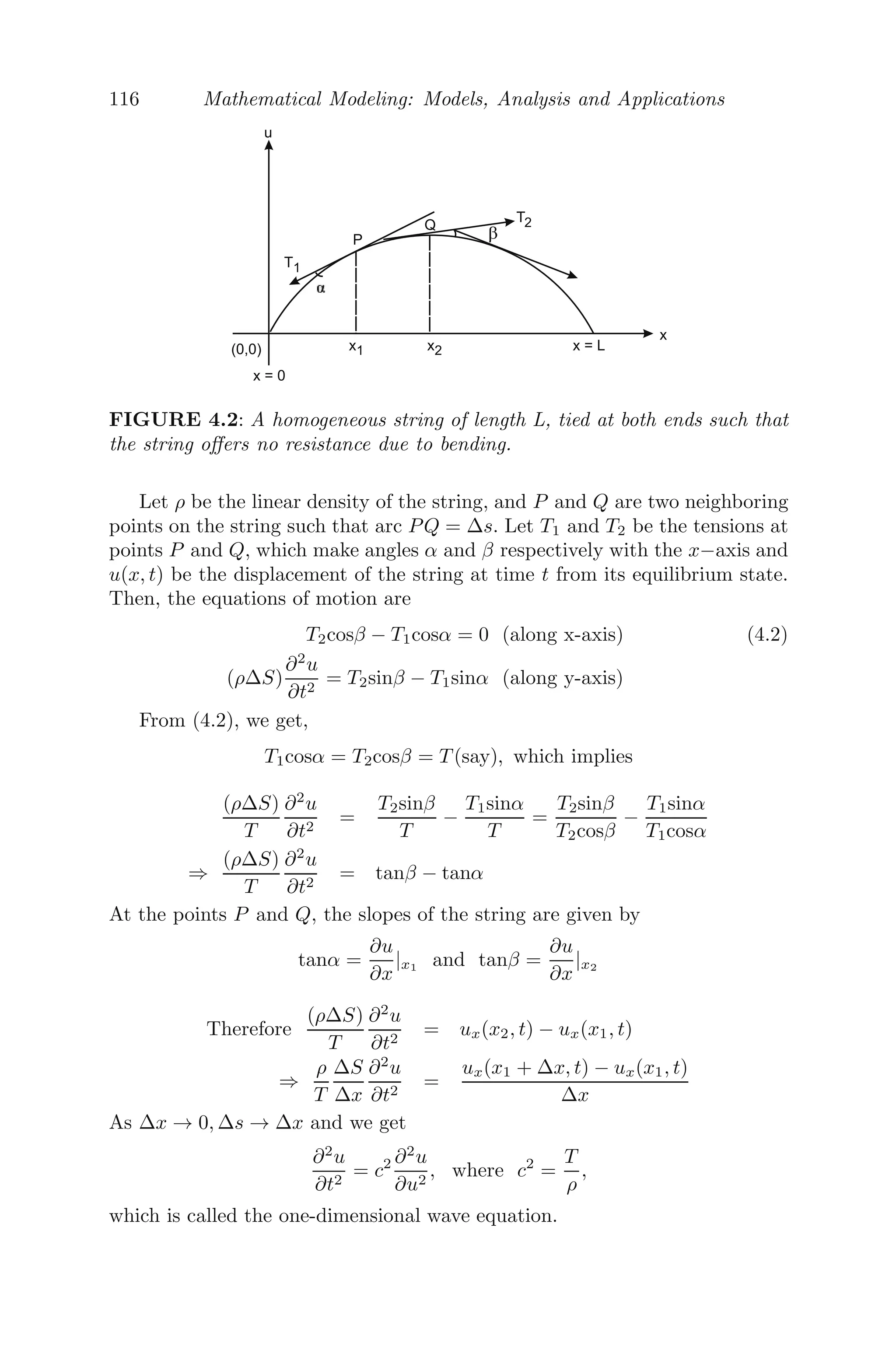 92 Mathematical Modeling: Models, Analysis and Applications
(ii) Adding the three equations we get,
dS
dt
+
dI
dt
+
dR
dt
= 0
⇒ S+I+R =n (constant).
Now,
dS
dt
= −βS2
I = −βS2 1
γ
dR
dt
⇒
dS
S2
= −
β
γ
dR
Integrating we get,
1
S
=
β
γ
R +
1
S0
, since S(0) = S0 and R(0) = 0.
⇒ S(t) =
S0
1 + βS0R
γ
Now,
dR
dt
= γI = γ(n − R − S) = γ(n − R −
βS0R
γ
)
Problem 3.7.13 The British Museum was authorized in 1988 by the Vatican
to date a cloth relic known as the Shroud of Turin (possibly, the burial shroud
of Jesus of Nazareth), which contains the negative image of a human body,
widely believed to be that of Jesus. The British Museum’s report conﬁrmed that
the cloth ﬁbres contained between 92% and 93% of their original C14
. Estimate
the approximate age of the Shroud, using the method of carbon dating. Assume
that the half-life of radioactive C14
is 5730 years.
Solution: Let A(t) be the amount of C14
present in the sample at any
time t, then
dA
dt
= −λA (following radioactive decay law)
⇒ A(t) = A0e−λt
,
where λ is the decay constant of the sample and is given by
λ =
1
τ
loge 2, τ being the half-life of C14
=
loge 2
5730
≈ 0.000121 (see Section 3.2.1).
Therefore, the fraction of the original C14
present after t-years is
A(t) = A0e−0.000121t
⇒ t = −
1
0.000121
loge

A(t)
A0

,
 