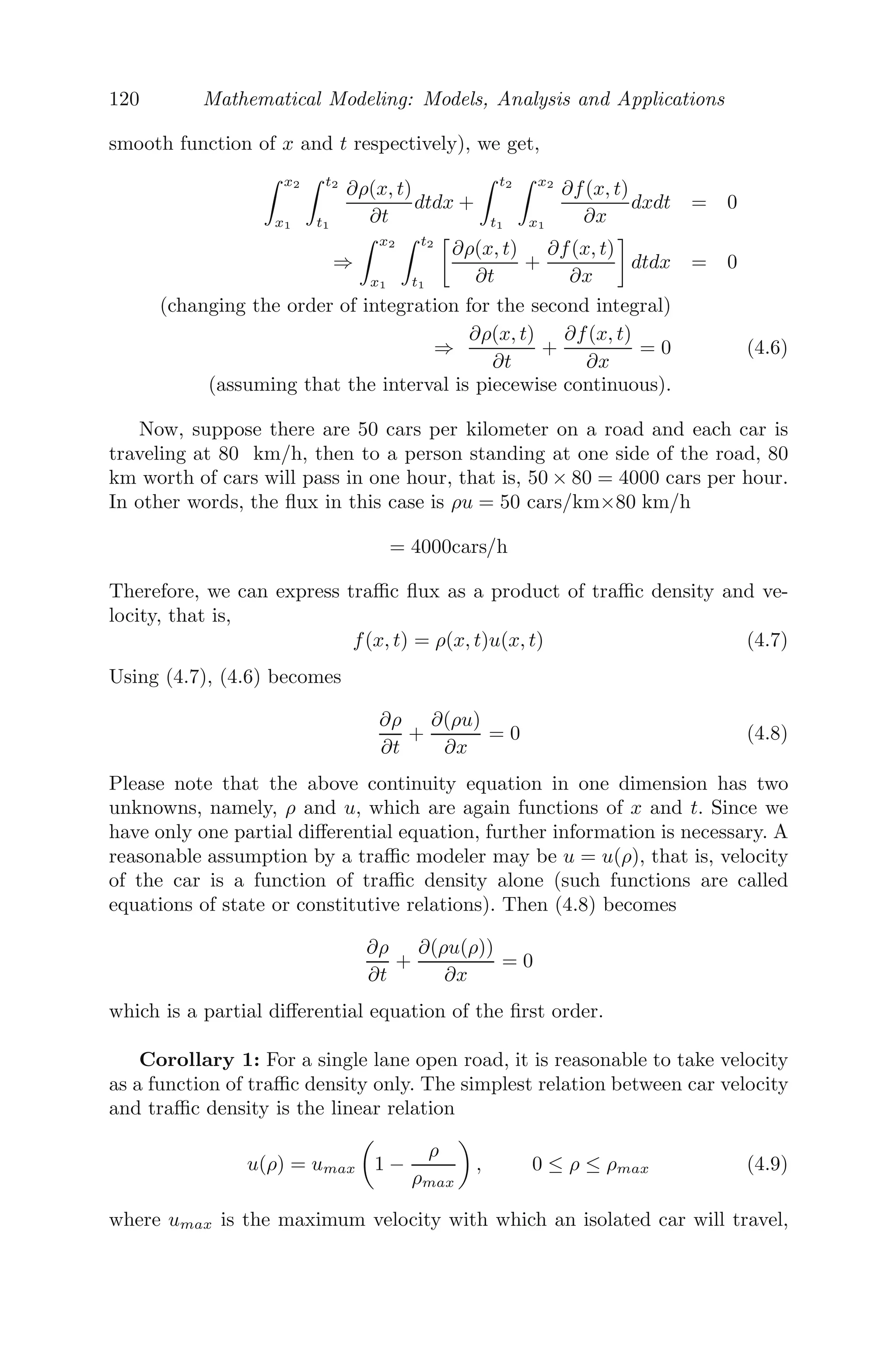 96 Mathematical Modeling: Models, Analysis and Applications
Fin Whales (E = 3000)
Blue Whales (E = 3000)
Fin Whales (E = 6000)
Blue Whales (E = 6000)
100 200 300 400 500
50000
100000
150000
200000
250000
FIGURE 3.25: The behavior of blue whales with increasing boat days, that
is, with increasing harvesting.
reach a steady state value while the blue whales die oﬀ (see Figure 3.26). Lin-
ear stability analysis about the points of equilibria is left to the reader.
20 40 60 80 100
1000
2000
3000
4000
5000
6000
20 40 60 80 100
100000
200000
300000
400000
FIGURE 3.26: The dynamics of the whales with minimum viable population
level with Cx = 35000 and Cy = 16000.
But with Cx = 1500 and Cy = 16000, both whales survive and reach
non-zero equilibria (see Figure 3.27).
(ix) Let K(t) be the krill population and x(t) be the population of blue
whales. Then, according to the problem, the model is given by
dK
dt
= 0.3K

1 −
K
600

− 0.15Kx
dx
dt
= 0.03x
	
1 −
x
200000


The krill goes to extinction while the blue whales reach a non-zero steady
state (see Figure 3.28).
 