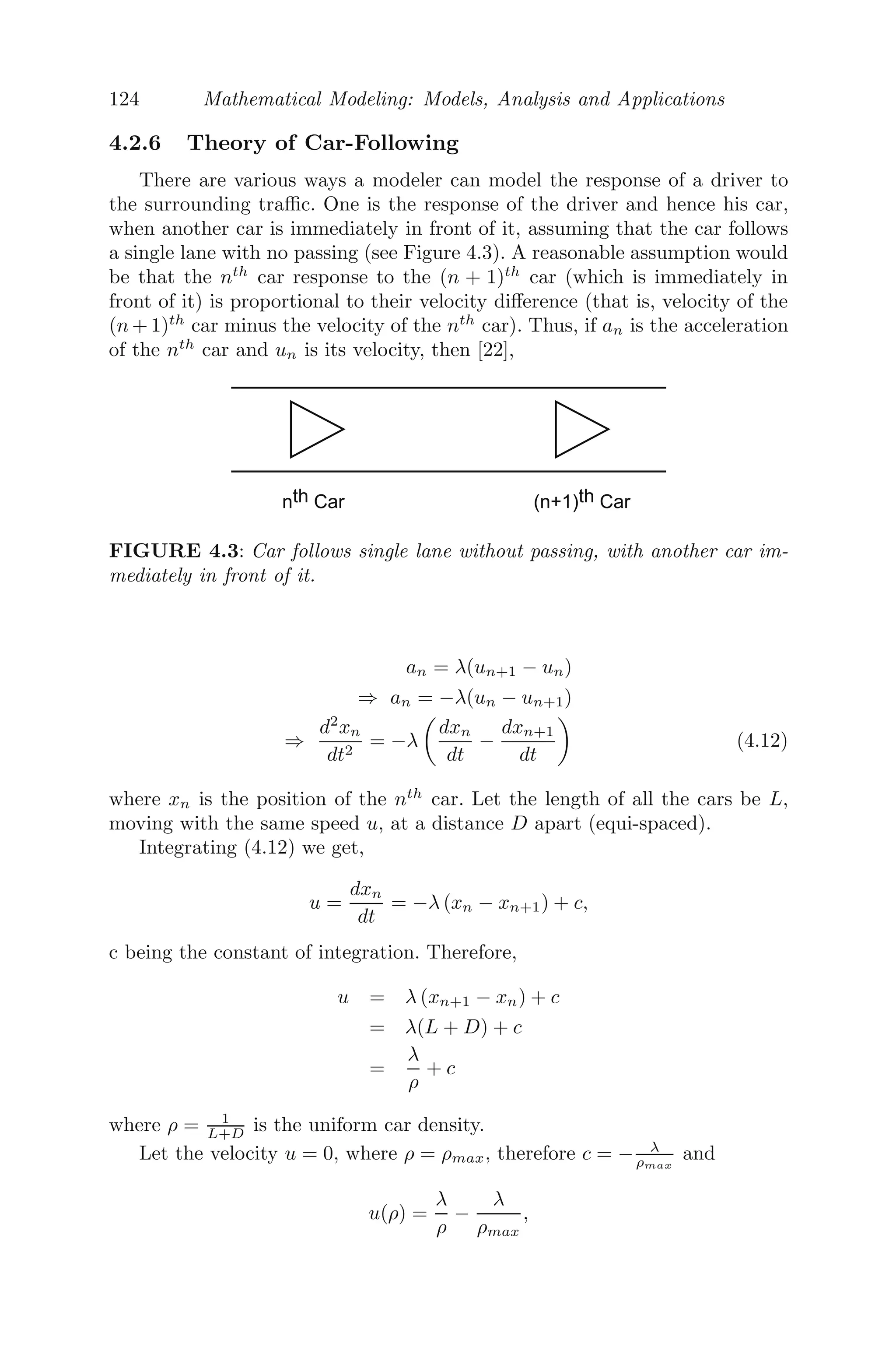 100 Mathematical Modeling: Models, Analysis and Applications
8. Let S(t), I(t) and N(t) be the Savings, Investment and National Income
at time t. Domar Macro model assumes that savings are proportional
to the national income, and that all savings are invested proportional to
the rate of increase of national income.
(i) Formulate a mathematical model using diﬀerential equations with
the given assumptions.
(ii) Solve the diﬀerential equations and comment on the dynamics of the
model, assuming y(0) = y0.
9. The favorite food of the tiger shark is the sea turtle. A two-species prey-
predator model is given by
dP
dt
= P(a − bP − cS)
dS
dt
= S(−k + λP),
where P is the sea turtle, S is the shark and a, b, c, k, λ  0.
(i) Let b = 0 and the value of k is increased. Ecologically, what is the
interpretation of increasing k and what is its eﬀect on the non-zero
equilibrium populations of sea turtles and sharks?
(ii) Obtain all the equilibrium solutions for b = 0 and b = 0.
(iii) Obtain the linearized system of diﬀerential equations about the
equilibrium point P∗
= k
λ and S∗
= a
c − bk
cλ ( 0), which can be put in
the form
dP1
dt
=
k
λ
(bP1 − cS1)
dS1
dt
= λP1(
a
c
−
bk
cλ
)
(iv) Obtain the condition(s) for which the linearized system is stable.
(v) Interpret ecologically the inequality a
c  bk
cλ .
(vi) Draw the solution curves in the phase plane with a = 0.5, b =
0.5, c = 0.01, k = 0.3, λ = 0.01. What do you expect to happen to the
dynamics of the model if c = 0? Repeat the same with c = 0 and λ = 0.
(vii) The two species prey-predator model is now modiﬁed as
dP
dt
= P(a − bP − cS)
dS
dt
= S(−k + λP − σS),
Describe the model by pointing out the diﬀerence between it and the
previous one. Obtain the equilibrium position(s) and analyze its linear
stability about the non-zero equilibrium point (both species non-zero).
(viii) Draw the phase plane diagram in the neighborhood of (0,0); (a
b , 0)
and the non-zero equilibrium point.
 