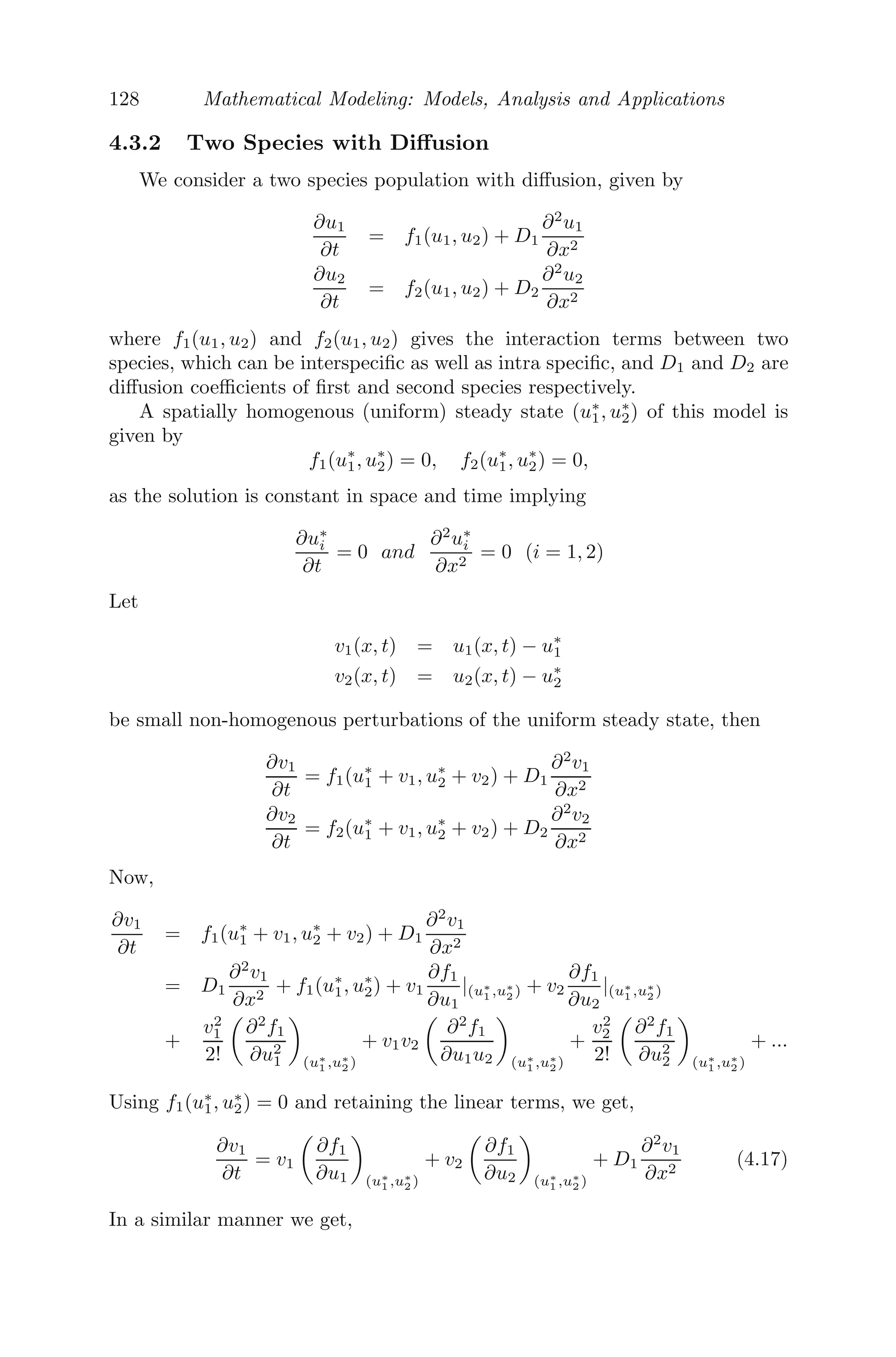 104 Mathematical Modeling: Models, Analysis and Applications
by Q = Q0
	
1 − e− t
CR


and the current i(t) = V
R e− t
CR .
(ii) If a charged condenser of Capacitance C be allowed to discharge
through a resistance R, then Q = Q0e− t
CR .
25. A particle moves in a plane with an acceleration which is always directed
towards and perpendicular to the axis of x. If initially the particle is
projected with an initial velocity
μ
a parallel to the x-axis from the
point (0,2a), show that the path of the particle is a cycloid.
26. A modiﬁed Domar Debt model is given by D

(t) = aN(t); N

(t) =
bNn
(t) where D(t) denotes the national debt and N(t) denotes the na-
tional income.
(i) Solve the diﬀerential equation and deduce Domar’s ﬁrst and second
debt models by letting n → 0 and n → 1.
(ii) Discuss the behavior of D(t)
N(t) as t → ∞, for a general value of n.
27. A smooth tube of length L is capable of rotating in a vertical plane about
one of its ends, which is ﬁxed. A particle is placed at the other end of
the tube when the tube is in horizontal position and is made to rotate
counterclockwise with a constant angular velocity Ω. If Ω is small, show
that the particle will reach the ﬁxed end in time
	
6a
gw

1
3
approximately.
28. A population follows a generalized logistic growth given by
dx
dt
=
rx
α

1 −
	 x
K

α
, α  0.
(i) Find the exact solution of this diﬀerential equation and show that
the limiting population is still K.
(ii) What happens to the model if α → 0 and α → −1?
29. A drug of dose y0 is given to a patient at regular intervals of time T
(say). The concentration of the drug present in the system follows the
law (approximately)
dc
dt
= −kec
(k  0)
Show that the concentration of the drug C2, just before the third dosage,
is given by
C2 = − log

kT

1 + e−y0

+ e−2y0

and hence prove that
Cn = − log

kT
	
1 + e−y0
+ − − − + e−(n−1)y0


+ e−ny0

Also, ﬁnd the required time interval T∞, if the concentration of the drug
in the system tends to the value CT as the number of doses increases.
 