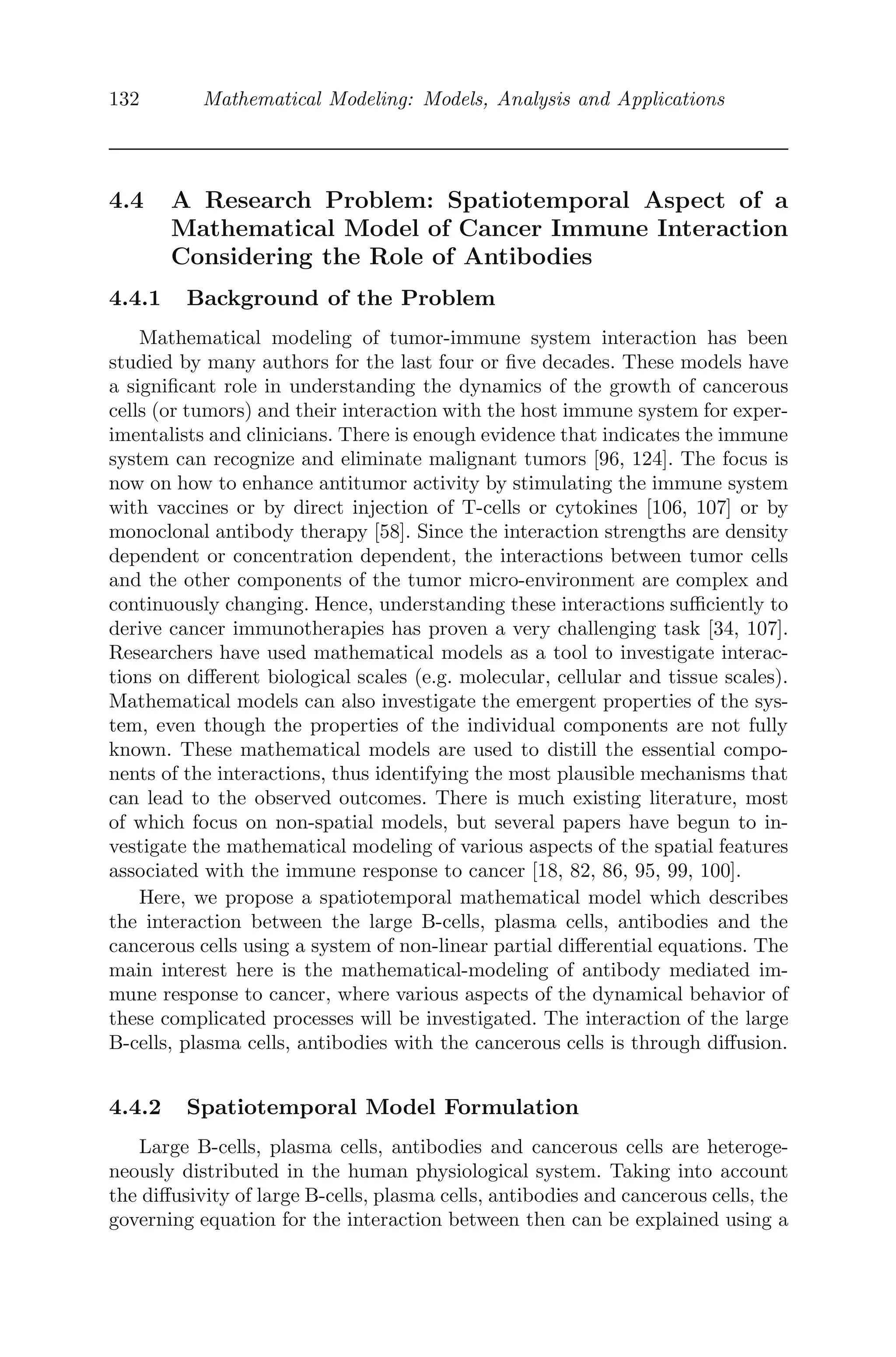 108 Mathematical Modeling: Models, Analysis and Applications
angular velocity Ω about one of its ends, which is ﬁxed. A particle, that
is placed at the other end of the tube is projected with a velocity LΩ
towards the ﬁxed end of the tube.
(i) Write the equation of motion (using diﬀerential equations).
(ii) Show that the time taken by the particle to reach half the length of
the tube is 1
Ω log 2.
41. A prey-predator model is given by
dx
dt
= x(b − x −
y
1 + x
)
dy
dt
= y(
x
1 + x
− ay),
where x, y  0 are populations and a, b  0 are parameters. Show that
a Hopf bifurcation occurs at the positive equilibrium point if a = ac =
4(b−2)
b2(b+2) and b  2.
42. An arms race model has the form
dx
dt
= ay2
− mx + r
dy
dt
= bx2
− ny + s
where a, b, m, n are positive constants, and r and s can take any sign.
i) Find the equilibrium solution(s) of the model and check for stability.
(ii) Discuss the outcomes of such an arms race for diﬀerent combinations
of r and s.
43. A two mode laser model is given by
dn1
dt
= G1(N0 − α1n1 − α2n2)n1 − k1n1
dn2
dt
= G2(N0 − α1n1 − α2n2)n2 − k2n2,
where n1 and n2 are two diﬀerent kinds of photons that are produced,
and all the parameters mentioned are positive.
(i) Find all the equilibrium points of the model.
(ii) Discuss the stability of the linearized system about the equilibrium
points.
(iii) Draw diﬀerent phase portraits depending on the values of various
parameters.
(iv) Discuss what the model predicts about the long-term behavior of
the laser.
 