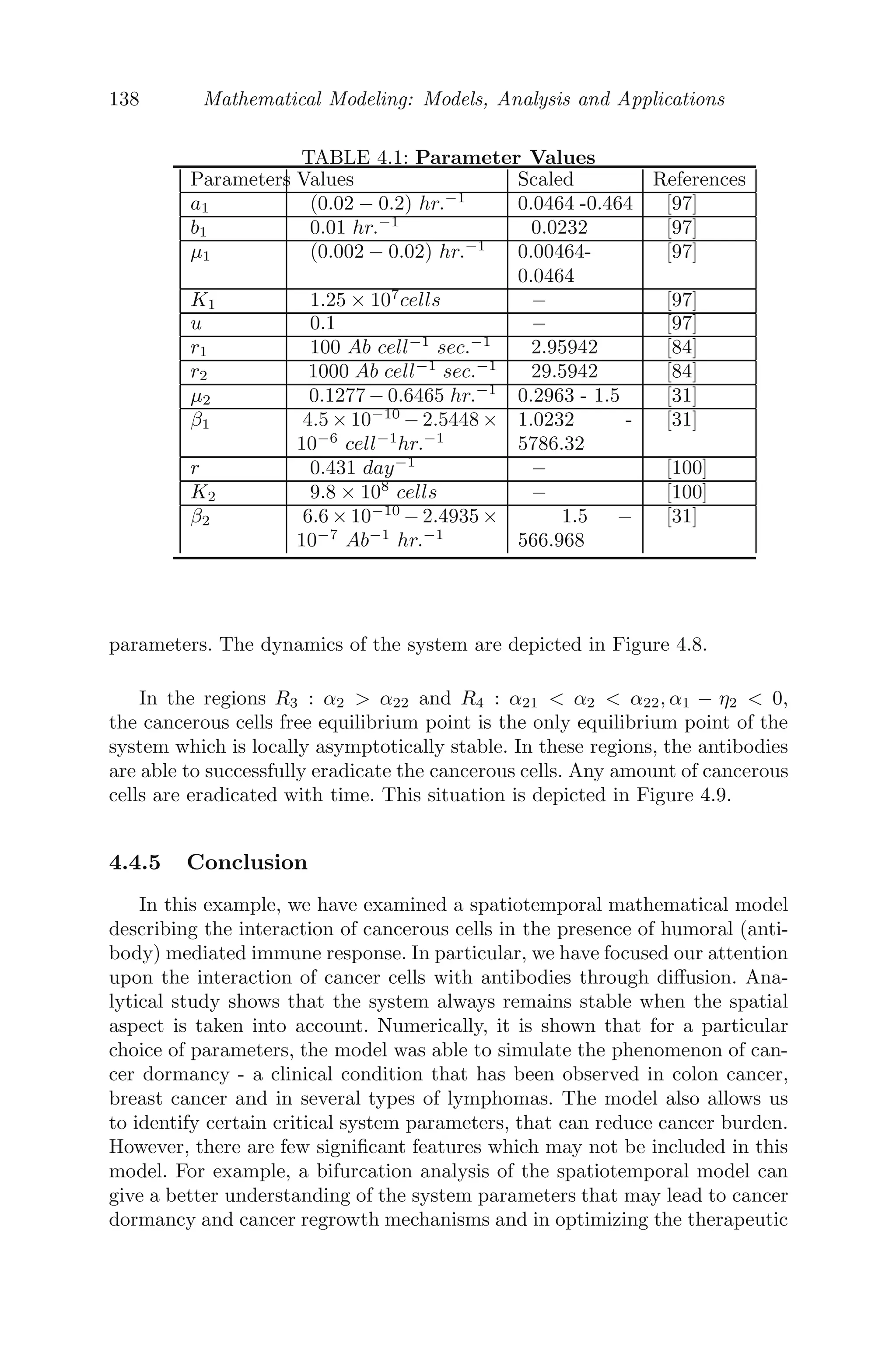 114 Mathematical Modeling: Models, Analysis and Applications
FIGURE 4.1: A thin homogenous rod of length L, perfectly insulated along
its length.
insulated along its length so that heat can ﬂow only through its ends (see
Figure 4.1).
Let u(x, t) be the temperature of this homogenous thin rod at a distance x
at time t. We consider an inﬁnitesimal piece from the rod with length [x, x +
x]. If A is the cross-section of the rod and ρ is the density of the material
of the rod, then the inﬁnitesimal volume is given by ΔV = AΔx and the
corresponding inﬁnitesimal mass is Δm = ρAΔx. Then, the amount of heat
for the volume element is Q = σΔm u(x, t), where σ is the speciﬁc heat of
the material of the rod.
At time t + Δt, the amount of heat is
Q1 = σΔmu(x, t + Δt).
Change in heat = Q1 − Q = σΔm u(x, t + Δt) − σΔm u(x, t)
= σρA[u(x, t + Δt) − u(x, t)]Δx
Now, by the Fourier law of heat conduction, the heat ﬂow is proportional to
the temperature gradient, that is, Q = −k ∂u
∂x = −kux(x, t) (in one dimen-
sion), where k is the thermal conductivity of the solid and the negative sign
denotes that the heat ﬂux vector is in the direction of decreasing temperature.
Therefore, the change in heat must be equal to the heat ﬂowing in at x, minus
the heat ﬂowing out at x + Δx, during the time interval Δt, that is,
σρA[u(x, t + Δt) − u(x, t)]Δx = [−kux(x, t) − (−kux(x + Δt, t))]Δt
u(x, t + Δt) − u(x, t)
Δt
=

k
σρA

ux(x + Δx, t) − ux(x, t)
Δx
Taking Δx and Δt → 0, we get
∂u
∂t
= c2 ∂2
u
∂x2
,
which gives the required heat equation determining the heat ﬂow through a
small thin rod. Here, c2
= k
σρA is called the constant thermal conductivity.
We use separation of variables to solve the above heat equation, which can
also be termed as a one dimensional diﬀusion equation.
 