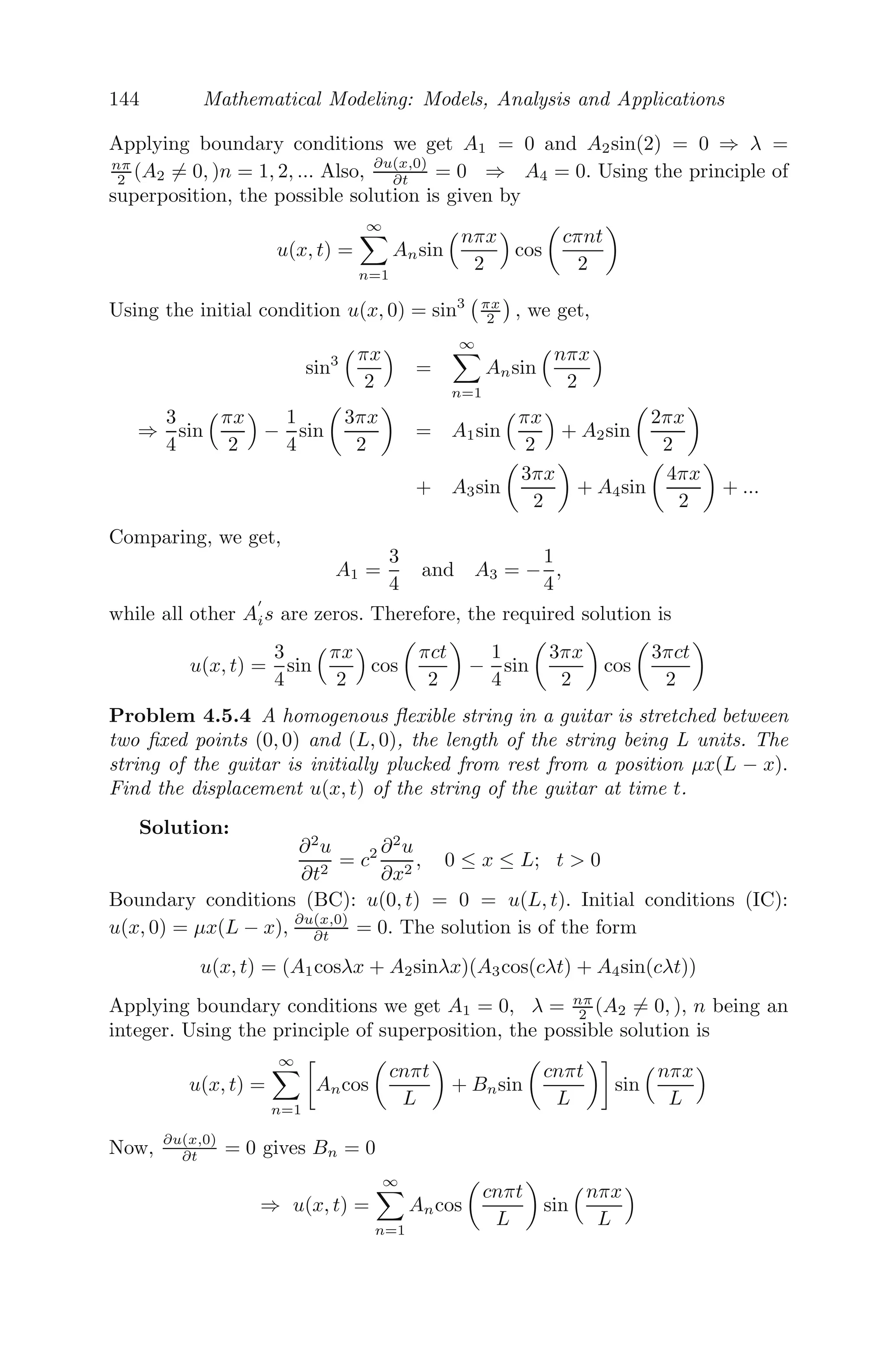 120 Mathematical Modeling: Models, Analysis and Applications
smooth function of x and t respectively), we get,

 x2
x1

 t2
t1
∂ρ(x, t)
∂t
dtdx +

 t2
t1

 x2
x1
∂f(x, t)
∂x
dxdt = 0
⇒

 x2
x1

 t2
t1

∂ρ(x, t)
∂t
+
∂f(x, t)
∂x

dtdx = 0
(changing the order of integration for the second integral)
⇒
∂ρ(x, t)
∂t
+
∂f(x, t)
∂x
= 0 (4.6)
(assuming that the interval is piecewise continuous).
Now, suppose there are 50 cars per kilometer on a road and each car is
traveling at 80 km/h, then to a person standing at one side of the road, 80
km worth of cars will pass in one hour, that is, 50 × 80 = 4000 cars per hour.
In other words, the ﬂux in this case is ρu = 50 cars/km×80 km/h
= 4000cars/h
Therefore, we can express traﬃc ﬂux as a product of traﬃc density and ve-
locity, that is,
f(x, t) = ρ(x, t)u(x, t) (4.7)
Using (4.7), (4.6) becomes
∂ρ
∂t
+
∂(ρu)
∂x
= 0 (4.8)
Please note that the above continuity equation in one dimension has two
unknowns, namely, ρ and u, which are again functions of x and t. Since we
have only one partial diﬀerential equation, further information is necessary. A
reasonable assumption by a traﬃc modeler may be u = u(ρ), that is, velocity
of the car is a function of traﬃc density alone (such functions are called
equations of state or constitutive relations). Then (4.8) becomes
∂ρ
∂t
+
∂(ρu(ρ))
∂x
= 0
which is a partial diﬀerential equation of the ﬁrst order.
Corollary 1: For a single lane open road, it is reasonable to take velocity
as a function of traﬃc density only. The simplest relation between car velocity
and traﬃc density is the linear relation
u(ρ) = umax

1 −
ρ
ρmax

, 0 ≤ ρ ≤ ρmax (4.9)
where umax is the maximum velocity with which an isolated car will travel,
 