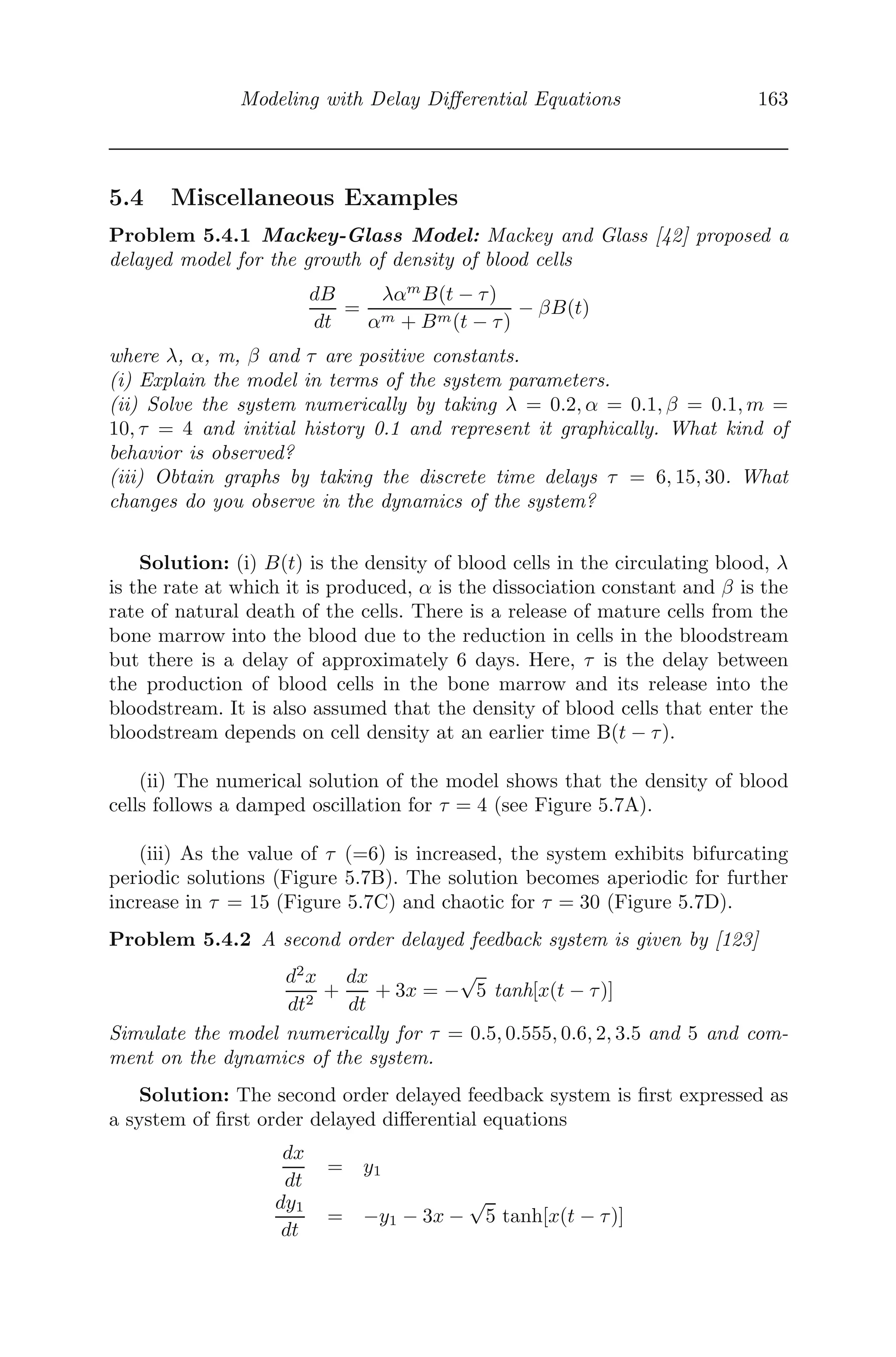 Spatial Models Using Partial Diﬀerential Equations 131
It is a well known fact that an equilibrium point which is asymptotically
stable in a non-spatial system may become unstable due to diﬀusion. Mathe-
matical analysis has conﬁrmed that the diﬀusive system ﬁrst attains instabil-
ity with respect to a spatially heterogeneous perturbation with a certain wave
number, which results in the formation of the so-called dissipative patterns or
regular spatial structure, known as Turing patterns.
Consider a prey-predator system (in dimensionless form) as
∂u
∂t
= u (1 − u) −
uv
u + α
+ ∇2
u
∂v
∂t
= β
uv
u + α
− γv + δ∇2
v,
where u(t,x,y) is the prey and v(t,x,y) is the predator. The prey population
follows a logistic growth, and declines due to consumption by the predator
population. The growth of the predator is directly proportional to the amount
of prey it has consumed and dies naturally, ∇2
u and δ∇2
v are diﬀusion terms,
which represent 2-dimensional movements, that is, ∇2
u ≡ ∂2
∂x2 + ∂2
∂y2 .
By taking α = 0.4, β = 2.0, γ = 0.6 and δ = 1, the system is solved
numerically by using MATLAB
code by Marcus R. Gurvie [36]. Figure 4.5
gives the spatial behavior of the prey and the predator respectively. It is
evident from the ﬁgure that there are irregular patches covering the whole
domain, a qualitative behavior which may be observed in plankton patterns
in the ocean [83].
(a) Prey density (b) Predator density
FIGURE 4.5: The spatial behavior of the prey and the predator. The param-
eter values are α = 0.4, β = 2.0, γ = 0.6, δ = 1, a = 0, b = 400, step-size h
= 1, maximum time T = 150 and the time-step = 1/3. The initial conditions
are u0(x, y) = 6./35 − 2 ∗ 10−7
∗ (X − 0.1 ∗ Y − 180).∗ (X − 0.1 ∗ Y − 800) and
v0(x, y) = 116./245 − 3 ∗ 10−5
∗ (X − 400) − 1.2 ∗ 10−4
∗ (Y − 150).
 