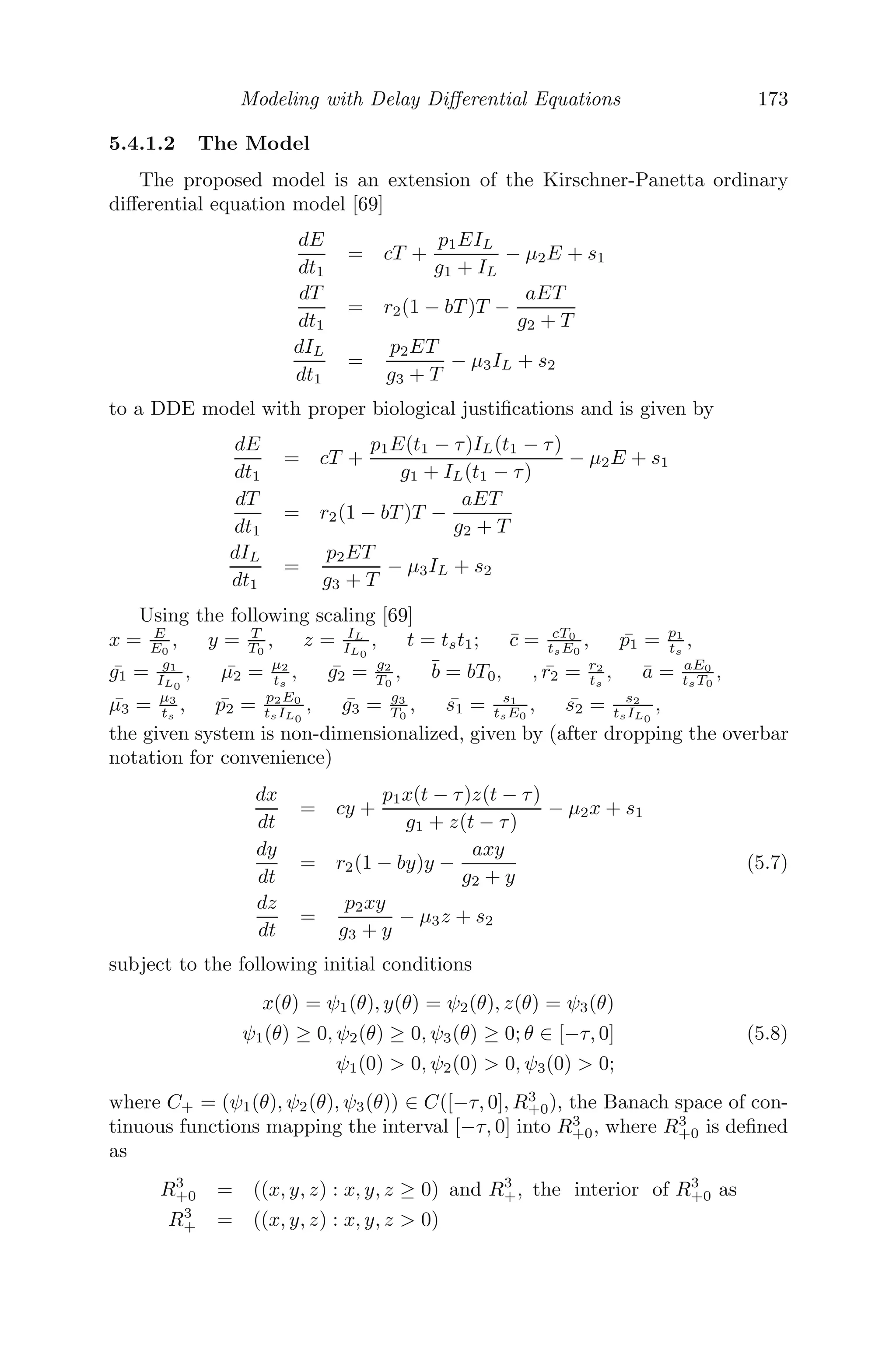 Spatial Models Using Partial Diﬀerential Equations 141
0
2
4
6
8
10
0 20 40 60 80 100
0.1
0.2
0.3
0.4
0.5
Time t
Distance x
Antibodies
0
5
10
0 10 20 30 40 50 60 70 80 90 100
−0.2
0
0.2
0.4
0.6
0.8
Time t
Distance x
Cancerous
cells
0
5
10
0
20
40
60
80
100
0.35
0.4
0.45
0.5
Time t
Distance x
Antibodies
0
5
10
0
20
40
60
80
100
0
0.2
0.4
0.6
0.8
Time t
Distance x
Cancerous
cells
a
b
FIGURE 4.9: The dynamics of the system (4.23 − 4.26) in the region (a)
α2  α22 where α1 = 8.5, α2 = 4.5 with IC = (0.024, 0.021, 0.48, 0.8) and (b)
α21  α2  α22 and α1 − η2  where, α1 = 1.2, α2 = 2.1, with IC = (0.024,
0.021, 0.48,0.8).
Applying the boundary conditions u(0, t) = 0 = u(L, t), we get
0 = (C1 cos 0 + C2 sin 0)e−λ2
c2
t
0 = [C1 cos(λL) + C2 sin(λL)]e−λ2
c2
t
⇒ C1 = 0 and C2 sin(λL) = 0.
⇒ sin(λL) = 0 (for non-trivial solution C2 = 0)
⇒ λ =
nπ
L
, n being an integer.
Therefore, the required solution is of the form
u(x, t) = C2sin
	nπ
L
x


e
−n2π2c2
L t
Noting that the heat conduction equation is linear, we use the principle of
superposition to obtain its most general solution as
u(x, t) =
∞

n=1
Bnsin
	nπ
L
x


e
−n2π2c2
L t
Using the initial condition we get
u(x, 0) = u0 =
∞

n=1
Bnsin
	nπ
L
x


 