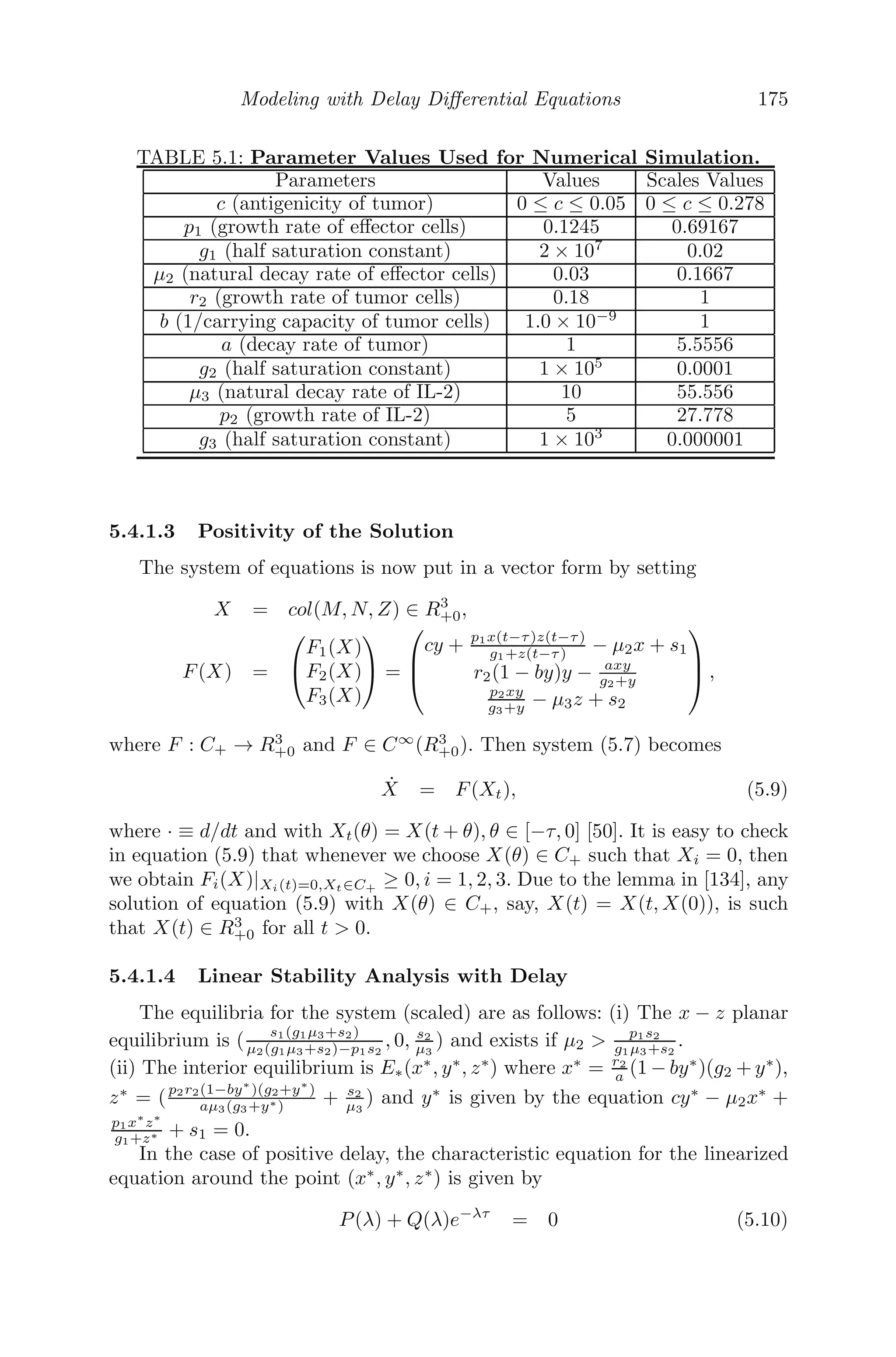 Spatial Models Using Partial Diﬀerential Equations 143
which will happen after a long time (several hours).
To obtain the temperature distribution u(x, t) in the intermediate period,
we write
u(x, t) = us(x) + u1(x, t)
when u1(x, t) → 0 as t → ∞ and is called the transient temperature dis-
tribution, which satisﬁes the PDE. Therefore, the general solution is given
by
u(x, t) = (4x + 20) + e−c2
λ2
t
(A1cosλx + A2sinλx)
Using the boundary conditions
u(0, t) = 20 and u(10, t) = 60 we get,
20 = 20 + A1e−c2
λ2
t
⇒ A1 = 0
60 = 60 + A2 sin(10λ)e−c2
λ2
t
⇒ sin(10λ) = 0 (since A2 = 0 for non-trivial solution)
⇒ λ =
nπ
10
.
Using the superposition principle, we get,
u(x, t) = (4x + 20) +
∞

n=1
Bnsin
	nπx
10


e
−c2n2π2
100 t
Using the initial condition u(x, 0) = 10x gives
10x = 4x + 20 +
∞

n=1
Bnsin
	nπx
10


6x − 20 =
∞

n=1
Bnsin
	nπx
10


where Bn =
2
10

 10
0
(6x − 10)sin
	nπx
10


dx =
1
5

(−1)n 800
nπ
−
200
nπ

Problem 4.5.3 A homogenous ﬂexible string in a guitar is stretched between
two ﬁxed points (0, 0) and (2, 0), the length of the string being 2 units. The
string of the guitar is initially plucked from rest from a position sin3
πx
2

.
Find the displacement u(x, t) of the string of the guitar at time t.
Solution: Assuming that the string of the guitar is pulled aside and re-
leased, mathematically, the model can be formulated as follows:
∂2
u
∂t2
= c2 ∂2
u
∂x2
, 0 ≤ x ≤ L; t  0
Boundary conditions (BC): u(0, t) = 0 = u(2, t)
Initial conditions (IC): u(x, 0) = sin3
πx
2

, ∂u(x,0)
∂t = 0.
The physically acceptable solution is of the form
u(x, t) = (A1cosλx + A2sinλx)(A3cos(cλt) + A4sin(cλt))
 