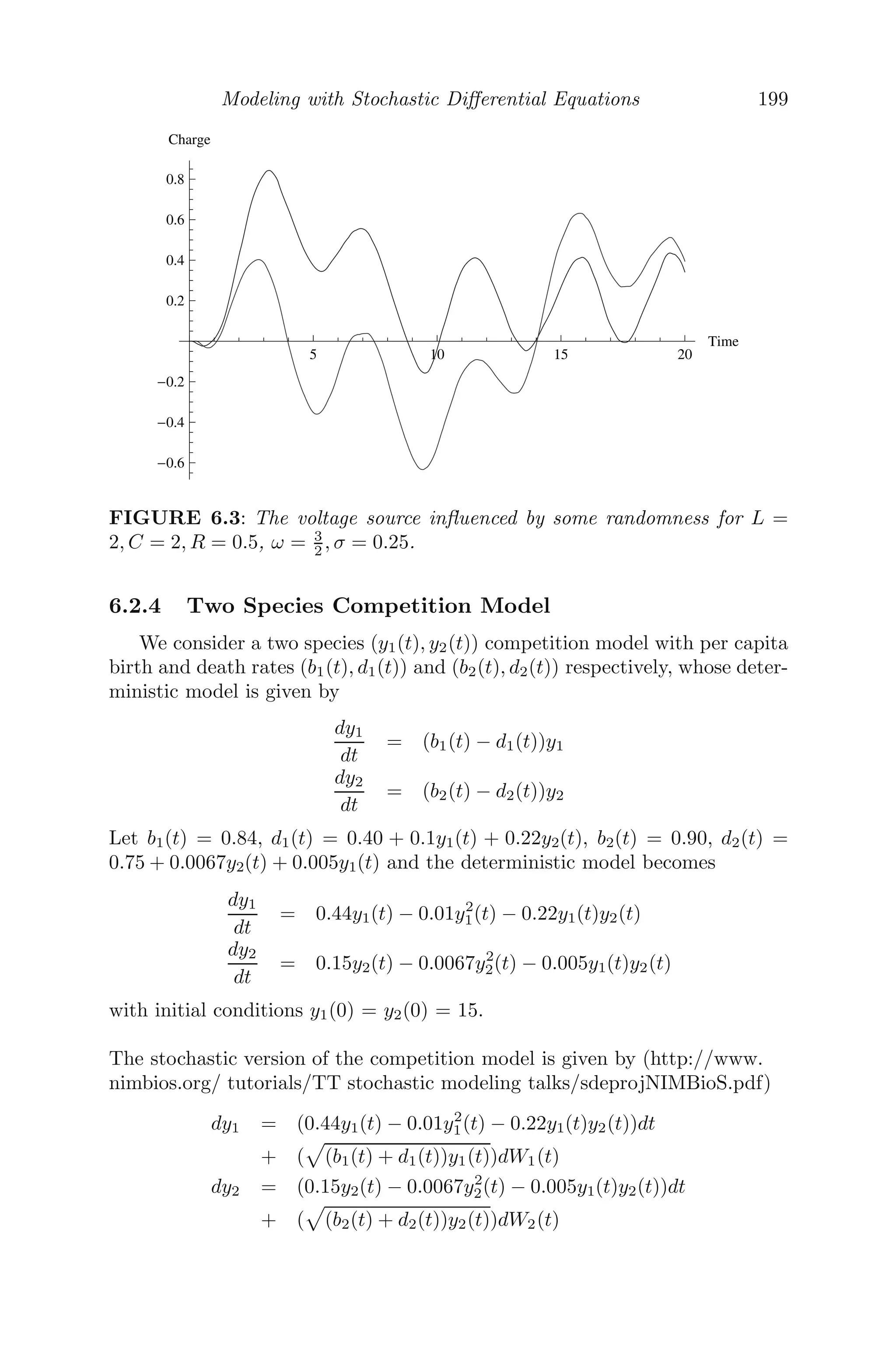 Modeling with Delay Diﬀerential Equations 155
where α is the constant rate of protein production, β is the rate of non-
delayed protein degradation and γ is the rate of delayed protein degradation.
The discrete time delay τ is due to the fact that the protein degradation
machine degrades the protein after a time τ after initiation. Figure 5.1 shows
the degradation of protein for various parameter values, obtained from [12].
0 50 100 150 200
80
90
100
110
120
130
140
150
Time
Protein
Concentration
P(t)
0 50 100 150 200
20
30
40
50
60
70
80
Time
A B
FIGURE 5.1: The delay induced protein degradation. Part A shows a protein
delay with parameter values α = 40, β = 0.3, γ = 0.1, τ = 20 and initial
history 150. Part B shows an oscillatory behavior of protein degradation with
parameter values α = 100, β = 1.1, γ = 1, τ = 10 and initial history 20.
5.2.2 Football Team Performance Model
R.B. Banks [9] proposed a delay-induced mathematical model to analyze
the performance of a National Football League (NFL) football team during
the last 40 years. The proposed model is
dU
dt
= b

1
2
− U(t − z)

where U(t) is the fraction of games won by an NFL team during one season
and it lies between 0 and 1, and b is the growth rate. The computational
formula for U(t) is given by
U(t) =
1 × no. of games won + 1
2 × no. of games tied + 0 × no. of games lost
Total no. of games
 