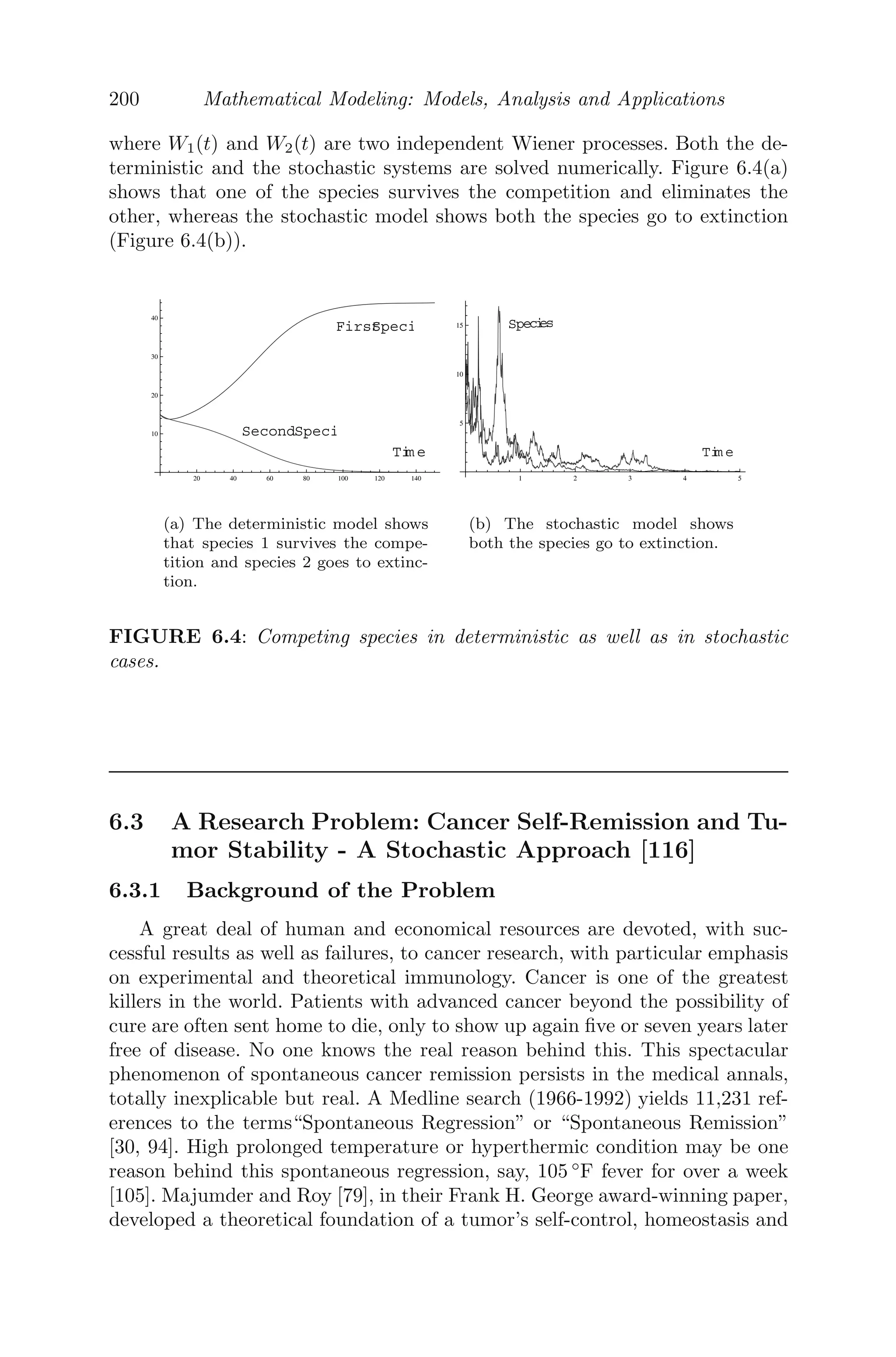 156 Mathematical Modeling: Models, Analysis and Applications
Basically, the proposed model says that at the present time, the rate of change
of U is proportional to the diﬀerence between U = 1
2 (average values) and the
values of U at some previous time t − τ. Banks [9] concluded from his model
that the time delay τ plays an important role in the ups and downs of a
football team and it experiences a simple periodicity, which is evident from
Figure 5.2.
1960 1965 1970 1975 1980 1985 1990
0
0.1
0.2
0.3
0.4
0.5
0.6
0.7
t (years)
U(t)
FIGURE 5.2: The performance of an NFL team from 1960 to 1992, with pa-
rameter values b = 0.785, τ = 2 years and initial history 0.4. The performance
of the team shows a cyclic behavior, which matches with data [9].
5.2.3 Breathing Model
The arterial carbon dioxide level controls our rate of breathing. A mathe-
matical model was ﬁrst developed by Mackey and Glass [42], where they as-
sumed that carbon dioxide is produced at a constant rate λ due to metabolic
activity and its removal from the bloodstream is proportional to both the
current carbon dioxide concentration and to ventilation. Ventilation, which is
the volume of gas exchanged by the lungs per unit of time, is controlled by
the carbon dioxide level in the blood. The process is complex and involves
detection of carbon dioxide levels by receptors in the brain stem. This car-
bon dioxide detection and its subsequent adjustment to ventilation is not an
instantaneous process; there is a time lag due to the fact that the blood trans-
port from the lungs to the heart and then back to the brain requires time [65].
Thus, if C is the concentration of the carbon dioxide, then the rate of change
of concentration of carbon dioxide due to breathing is given by
dC(t)
dt
= λ − αVmaxC(t)V̇ (t − τ)
where V̇ (t) is the rate of ventilation and is assumed to follow the Hill function,
that is V̇ (t) = (C(t))n
θn+(C(t))n ; Vmax, θ, n and α are constants. Thus, the rate of
 