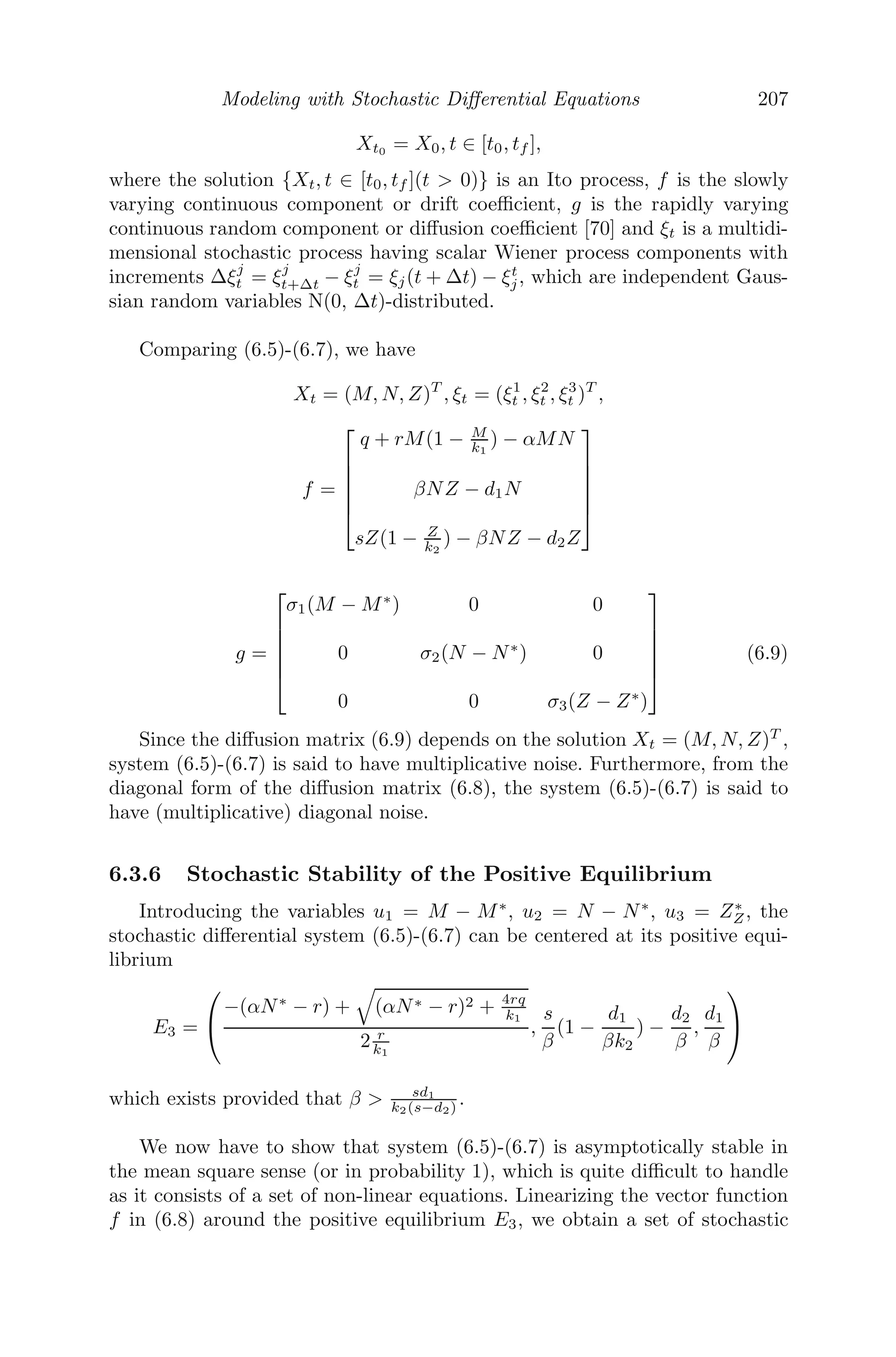 Modeling with Delay Diﬀerential Equations 163
5.4 Miscellaneous Examples
Problem 5.4.1 Mackey-Glass Model: Mackey and Glass [42] proposed a
delayed model for the growth of density of blood cells
dB
dt
=
λαm
B(t − τ)
αm + Bm(t − τ)
− βB(t)
where λ, α, m, β and τ are positive constants.
(i) Explain the model in terms of the system parameters.
(ii) Solve the system numerically by taking λ = 0.2, α = 0.1, β = 0.1, m =
10, τ = 4 and initial history 0.1 and represent it graphically. What kind of
behavior is observed?
(iii) Obtain graphs by taking the discrete time delays τ = 6, 15, 30. What
changes do you observe in the dynamics of the system?
Solution: (i) B(t) is the density of blood cells in the circulating blood, λ
is the rate at which it is produced, α is the dissociation constant and β is the
rate of natural death of the cells. There is a release of mature cells from the
bone marrow into the blood due to the reduction in cells in the bloodstream
but there is a delay of approximately 6 days. Here, τ is the delay between
the production of blood cells in the bone marrow and its release into the
bloodstream. It is also assumed that the density of blood cells that enter the
bloodstream depends on cell density at an earlier time B(t − τ).
(ii) The numerical solution of the model shows that the density of blood
cells follows a damped oscillation for τ = 4 (see Figure 5.7A).
(iii) As the value of τ (=6) is increased, the system exhibits bifurcating
periodic solutions (Figure 5.7B). The solution becomes aperiodic for further
increase in τ = 15 (Figure 5.7C) and chaotic for τ = 30 (Figure 5.7D).
Problem 5.4.2 A second order delayed feedback system is given by [123]
d2
x
dt2
+
dx
dt
+ 3x = −
√
5 tanh[x(t − τ)]
Simulate the model numerically for τ = 0.5, 0.555, 0.6, 2, 3.5 and 5 and com-
ment on the dynamics of the system.
Solution: The second order delayed feedback system is ﬁrst expressed as
a system of ﬁrst order delayed diﬀerential equations
dx
dt
= y1
dy1
dt
= −y1 − 3x −
√
5 tanh[x(t − τ)]
 