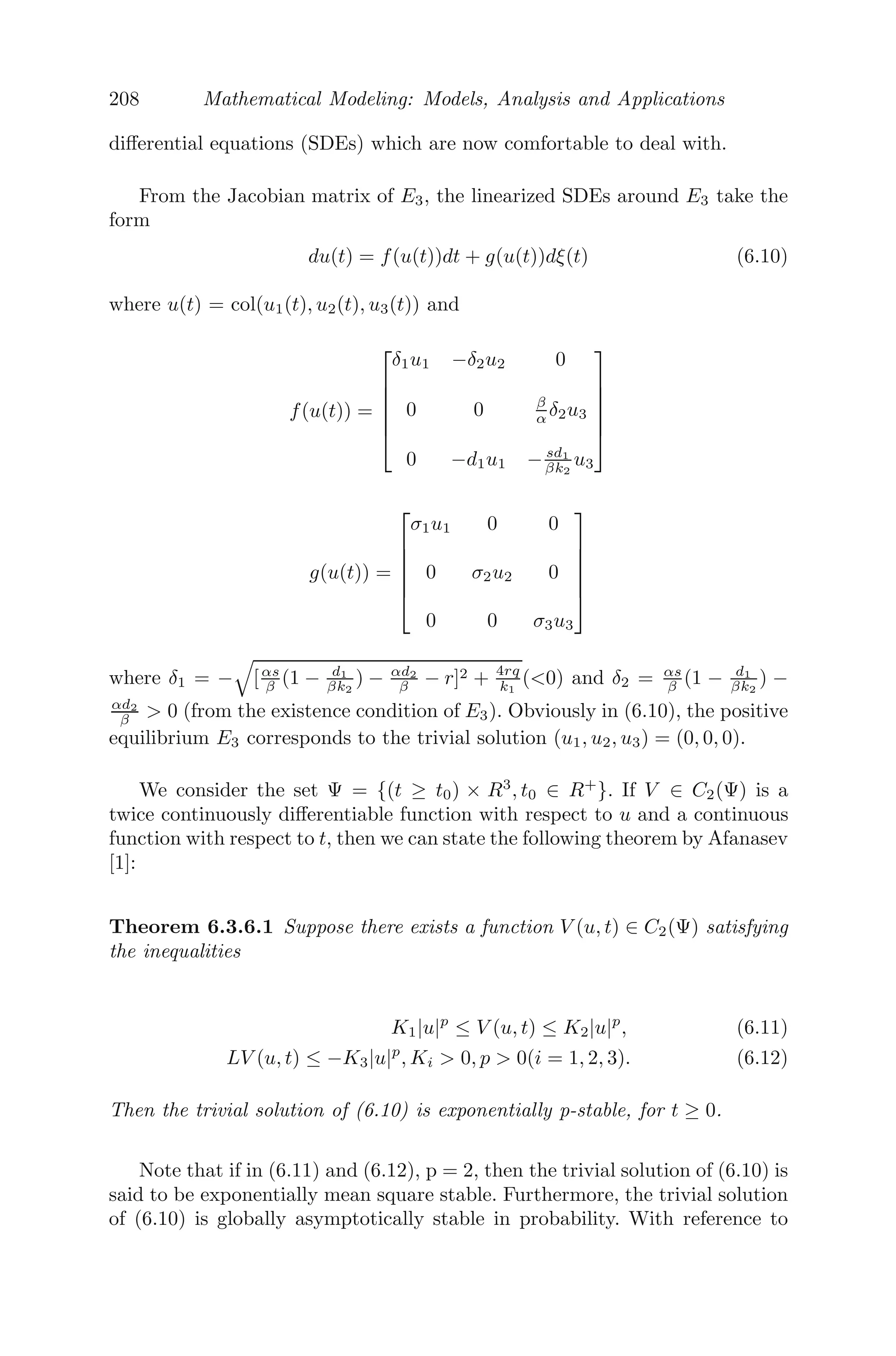 164 Mathematical Modeling: Models, Analysis and Applications
0 100 200 300 400 500
0
0.2
0.4
0.6
0.8
1
1.2
1.4
0 100 200 300 400 500
0
0.2
0.4
0.6
0.8
1
1.2
1.4
Density
of
Blood
Cells
B(t)
0 200 400 600 800 1000
0
0.2
0.4
0.6
0.8
1
1.2
1.4
0 200 400 600 800 1000
0
0.2
0.4
0.6
0.8
1
1.2
1.4
t−Time
A B
C D
FIGURE 5.7: The eﬀect of delay on the density of blood cells with parameter
values λ = 0.2, α = 0.1, β = 0.1, m = 10 and initial history 0.1, obtained from
[114]. (A) This shows a damped oscillation for τ = 4. (B) As the value of delay
is increased to τ = 6, there is a cascading sequence of bifurcating periodic
solutions. (C) For further increase in delay, the solution becomes aperiodic
and (D) chaotic.
and then solved numerically for diﬀerent values of τ. For τ = 0.5 and 3.5, the
system is asymptotically stable (see Figure 5.8A,E). For τ = 0.6 and 5, the
system is unstable (see Figure 5.8C,F). For τ = 0.555, the system bifurcates to
periodic solution (see Figure 5.8B) and for τ = 2.0, the system is in oscillatory
mode with high amplitude of oscillation (see Figure 5.8D).
Problem 5.4.3 Cooke proposed an epidemic model [75, 78] given by
dt
dt
= by(t − 7)[1 − y(t)] − cy(t),
where y(t) denotes the fraction of a population infected at time t.
(i) Find the equilibrium point(s) of the model and comment on their existence.
(ii) Investigate the stability of the system about the equilibrium point(s).
(iii) Simulate the model numerically for b = 2, c = 1, initial history = 0.8 and
comment on the dynamics of the system.
 