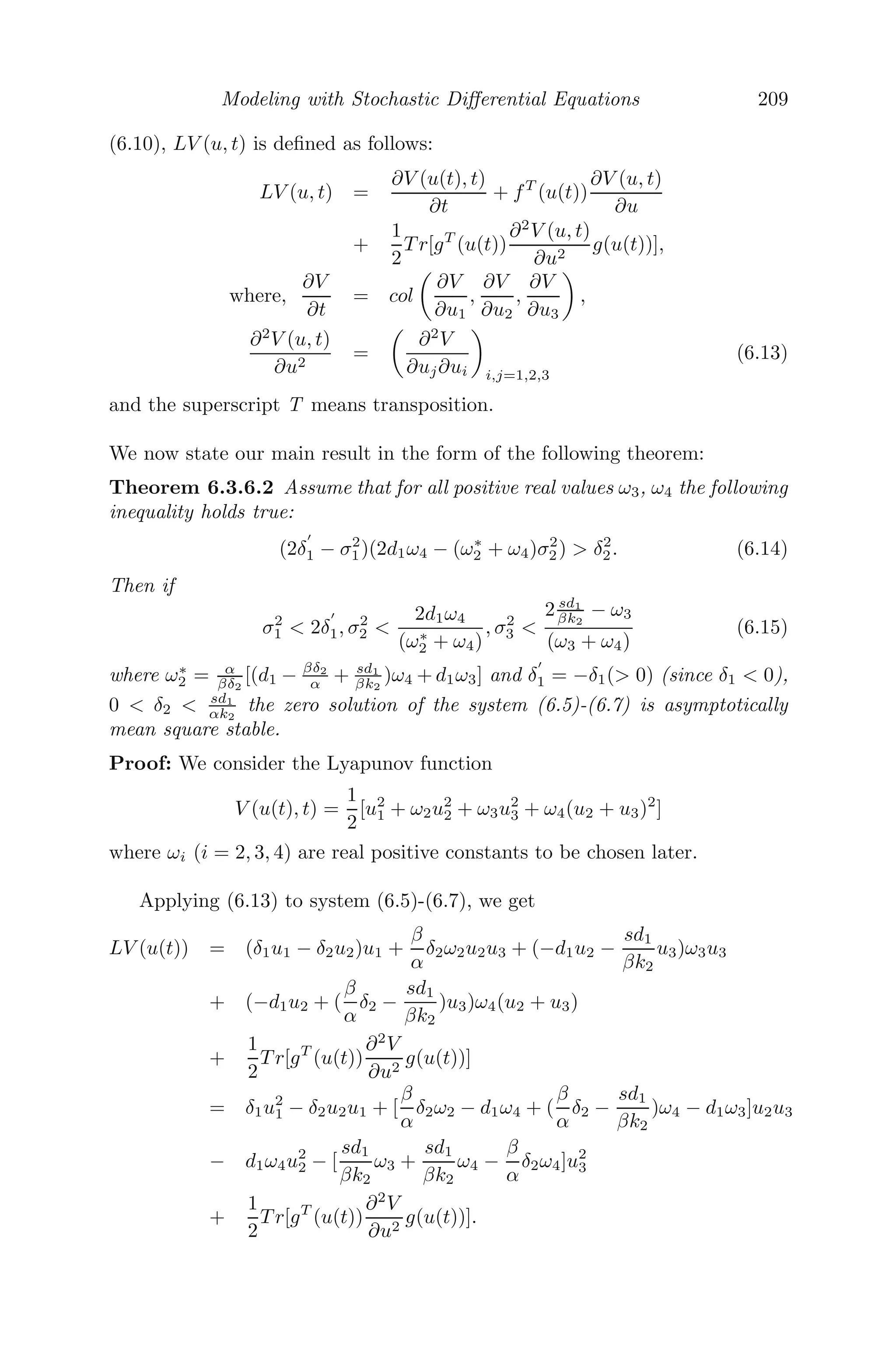 Modeling with Delay Diﬀerential Equations 165
0 20 40 60 80 100
−1.5
−1
−0.5
0
0.5
1
1.5
t−Time
x(t)
0 20 40 60 80 100
−0.1
−0.05
0
0.05
0.1
t−Time
x(t)
0 20 40 60 80 100
−0.015
−0.01
−0.005
0
0.005
0.01
0.015
t−Time
x(t)
0 20 40 60 80 100
−0.015
−0.01
−0.005
0
0.005
0.01
0.015
t−Time
x(t)
0 20 40 60 80 100
−1
−0.5
0
0.5
1
t−Time
x(t)
0 20 40 60 80 100
−0.2
−0.15
−0.1
−0.05
0
0.05
0.1
t−Time
x(t)
τ = 3.5
τ = 0.6
τ = 0.5
τ = 0.555
τ = 2.0
τ = 5.0
A
E
C
B
D
F
FIGURE 5.8: The eﬀect of delay on the feedback system with initial history
(0.1,0.1). (A) Asymptotically stable, (B) periodic solution, (C) unstable, (D)
oscillatory mode with high amplitude, (E) asymptotically stable, (F) unstable.
Solution: (i) The equilibrium points are y∗
= 0 and y∗
= b−c
b . For the
existence of non-zero equilibrium points, we must have b  c.
(ii) Putting y = Y + y∗
in the model equation and retaining the linear
terms only we get,
dt
dt
= b(1 − y∗
)y(t − 7) − (by∗
+ c)y(t).
For y∗
= 0,
dt
dt
= −cy(t) + by(t − 7).
Using Theorem 5.3.1.1, we get A+B = b−c  0 (or else non-zero equilibrium
points not exist). Hence, the system is unstable about the equilibrium point
y∗
= 0.
Note: One can also conclude if b  c, the system is unstable and if b  c, the
system is asymptotically stable about y∗
= 0. However, the system will have
only one positive equilibrium point in that case.
For y∗
= b−c
b ,
dt
dt
= −by(t) + cy(t − 7).
 