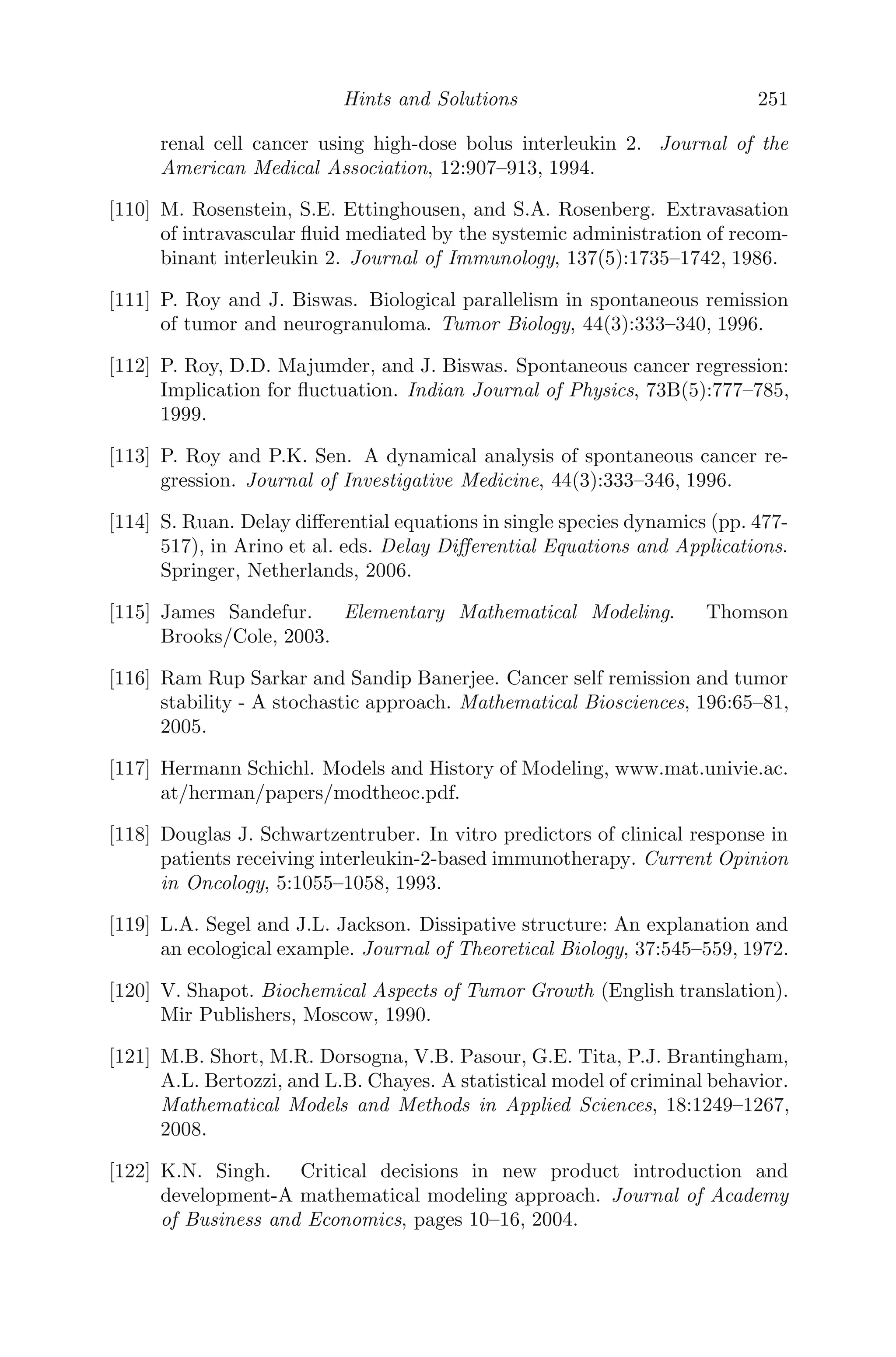 Modeling with Delay Diﬀerential Equations 179

s + μ2 −
p1z∗
g1 + z∗

x̄(s) =
p1z∗
g1 + z∗
e−sτ
x̄(s) +
p1z∗
g1 + z∗
e−sτ
K1(s)
+ cȳ(s) +
p1g1x∗
(g1 + z∗)2
e−sτ
z̄(s)
+
p1g1x∗
(g1 + z∗)2
e−sτ
K2(s) + x(0)

s + r2by∗
−
ax∗
y∗
(g2 + y∗)2

ȳ(s) = −
ay∗
g2 + y∗
x̄(s) + y(0) +
(s + μ3z) = −
p2y∗
g3 + y∗
x̄(s) +
p2g3x∗
(g3 + y∗)2
ȳ(s) + z(0)
where,
K1(s) =

 0
−τ
e−st
x(t)dt and K2(s) =

 0
−τ
e−st
z(t)dt
and x̄(s), ȳ(s) and z̄(s) are the Laplace transforms of x(t), y(t) and z(t) re-
spectively.
Following the lines of [32] and using the Nyquist criterion, it can be shown
that the conditions for the local asymptotic stability of E∗(x∗
, y∗
, z∗
) are given
by
Im H(i η0)  0, (5.16)
Re H(i η0) = 0, (5.17)
where, H(s) = s3
+ a1s2
+ a2s + a3 + e−sτ
(b1s2
+ b2s + b3) and η0 is the
smallest positive root of (5.17). In this case, (5.16) and (5.17) gives
a2η0 − η3
0  −b2η0 cos(η0τ) + b3 sin(η0τ) − b1η2
0 sin(η0τ), (5.18)
a3 − a1η2
0 = b1η2
0 cos(η0τ) − b3 cos(η0τ) − b2η0 sin(η0τ). (5.19)
Now, equations (5.18) and (5.19), if satisﬁed simultaneously, are suﬃcient
conditions to guarantee stability, which are now used to get an estimate on
the length of time delay. The aim is to ﬁnd an upper bound η+ on η0, inde-
pendent of τ and then to estimate τ so that ( 5.18) holds true for all values of
η, 0 ≤ η ≤ η+ and hence in particular at η = η0.
(5.19) is rewritten as
a1η2
0 = a3 + b3 cos(η0τ) − b1η2
0 cos(η0τ) + b2η0 sin(η0τ). (5.20)
Maximizing a3 + b3 cos(η0τ) − b1η2
0 cos(η0τ) + b2η0 sin(η0τ),
subject to |sin(η0τ)| ≤ 1, |cos(η0τ)| ≤ 1, we obtain,
 