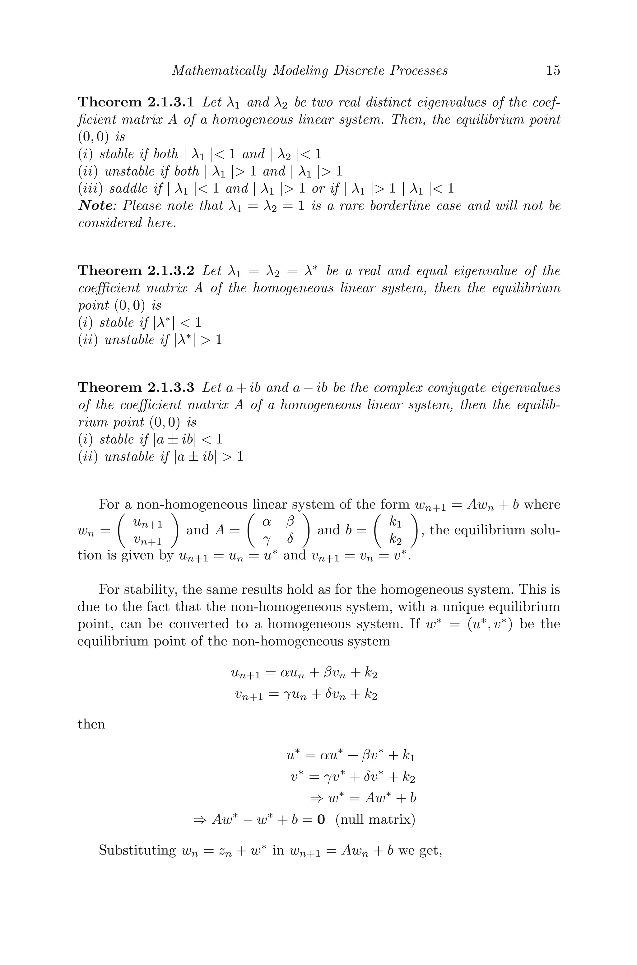 Mathematically Modeling Discrete Processes 15
Theorem 2.1.3.1 Let λ1 and λ2 be two real distinct eigenvalues of the coef-
ﬁcient matrix A of a homogeneous linear system. Then, the equilibrium point
(0, 0) is
(i) stable if both | λ1 | 1 and | λ2 | 1
(ii) unstable if both | λ1 | 1 and | λ1 | 1
(iii) saddle if | λ1 | 1 and | λ1 | 1 or if | λ1 | 1 | λ1 | 1
Note: Please note that λ1 = λ2 = 1 is a rare borderline case and will not be
considered here.
Theorem 2.1.3.2 Let λ1 = λ2 = λ∗
be a real and equal eigenvalue of the
coeﬃcient matrix A of the homogeneous linear system, then the equilibrium
point (0, 0) is
(i) stable if |λ∗
|  1
(ii) unstable if |λ∗
|  1
Theorem 2.1.3.3 Let a + ib and a − ib be the complex conjugate eigenvalues
of the coeﬃcient matrix A of a homogeneous linear system, then the equilib-
rium point (0, 0) is
(i) stable if |a ± ib|  1
(ii) unstable if |a ± ib|  1
For a non-homogeneous linear system of the form wn+1 = Awn + b where
wn =

un+1
vn+1

and A =

α β
γ δ

and b =

k1
k2

, the equilibrium solu-
tion is given by un+1 = un = u∗
and vn+1 = vn = v∗
.
For stability, the same results hold as for the homogeneous system. This is
due to the fact that the non-homogeneous system, with a unique equilibrium
point, can be converted to a homogeneous system. If w∗
= (u∗
, v∗
) be the
equilibrium point of the non-homogeneous system
un+1 = αun + βvn + k2
vn+1 = γun + δvn + k2
then
u∗
= αu∗
+ βv∗
+ k1
v∗
= γv∗
+ δv∗
+ k2
⇒ w∗
= Aw∗
+ b
⇒ Aw∗
− w∗
+ b = 0 (null matrix)
Substituting wn = zn + w∗
in wn+1 = Awn + b we get,
 