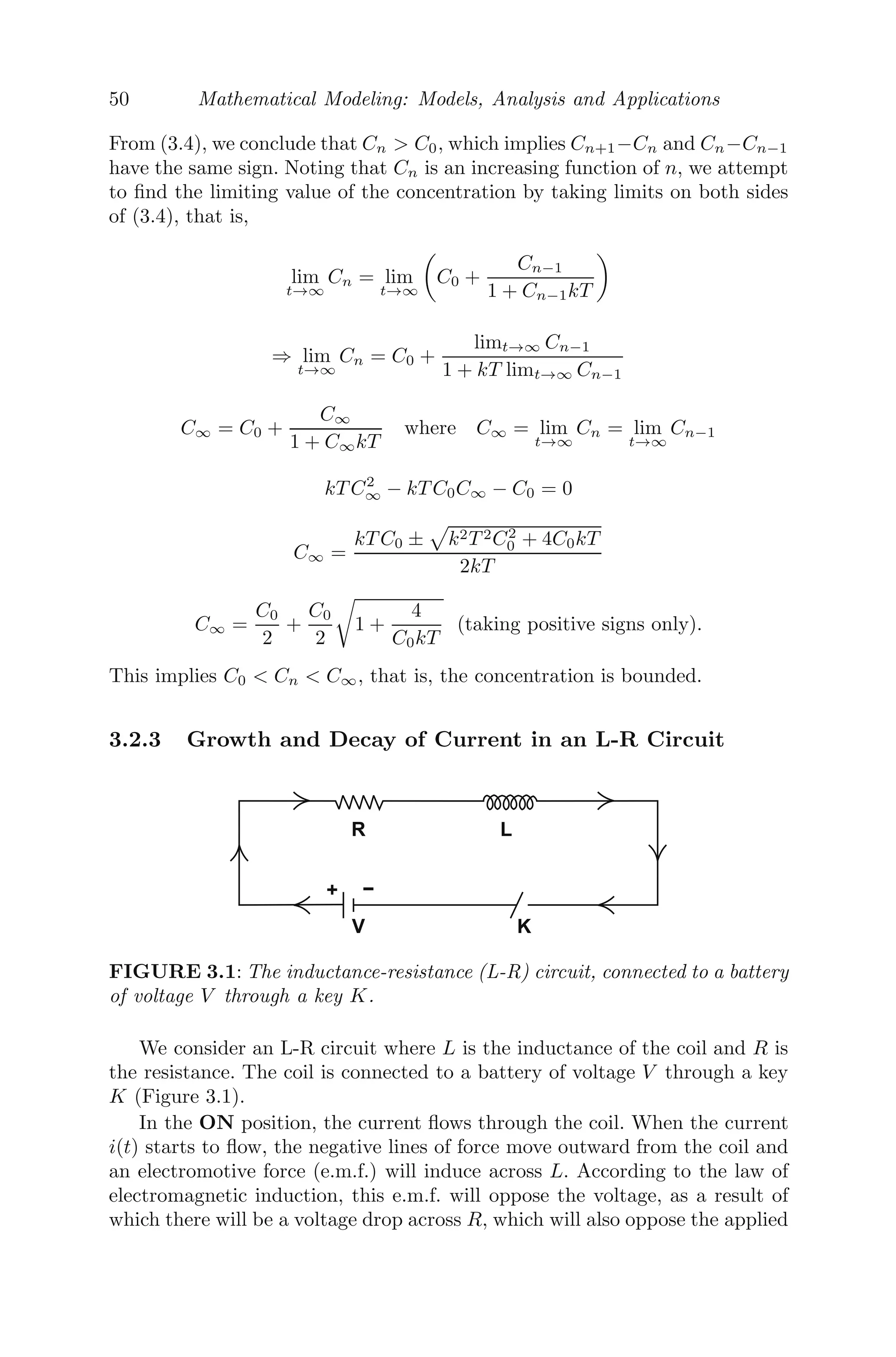 42 Mathematical Modeling: Models, Analysis and Applications
(iii) Find limn→∞Tn.
(iv) Plot Tn versus n for n = 0, 1, 2, ...120.
(v) Does the temperature ever reach 70 ◦
F?
15. The forensics team from a local police department is called to the scene
of an apparent murder. The body of the victim is found in a room where
the thermostat was set at 72 ◦
F. The police investigators believe that the
victim died in the room and that the body has been there ever since.
(i) Formulate a linear discrete system that describes how the tempera-
ture of the dead body changes from hour to hour and solve it.
(ii) At 5 A.M., when the investigators ﬁrst arrived, they took the tem-
perature of the body and found that it was 87.5 ◦
F. Just before the body
was to be removed from the room an hour later, they measured the tem-
perature to be 80.4 ◦
F. Find the time when the victim was murdered.
(iii) Using the data from (ii), modify the diﬀerence equation to describe
how the temperature of the dead body changes
(a) over each 15-minute interval
(b) from minute to minute.
16. An industry dumps a metal-based pollutant into a local lake. Currently
there are 350 pounds of pollutant in the lake and 20 pounds are added
each year, all at once at the end of the year. It is known that the amount
of pollutant lost through evaporation and decomposed chemically in a
year is 10% of the amount in the lake.
(i) Formulate a linear discrete system that models the amount of the
pollutant in the lake after each year.
(ii) Show graphically, what will happen in the long run if the situation
described above persists. How does the outcome depend on the initial
amount of the pollutant in the lake?
(iii) The maximum safe amount of pollutant in this lake is 125 pounds of
pollutant. If we set a goal to achieve this safe level in 15 years, determine
how much pollutant can be added to the lake each year.
(iv) What, if the amount of pollutant that is added each year is divided
into equal parcels, are added each month throughout the year? How does
this change the model in part (i) and the results obtained in parts (ii)
and (iii)?
17. A person has signed a contract to write a book, where he has already
written the ﬁrst 90 pages. But, the publisher wants the book to be 300
pages long. The author has started writing K pages of the book, each
day, starting from today.
(i) Formulate a linear discrete system that models wn, the total number
of pages written after n days and the unknown parameter K, taking
w(0) = 90.
(ii) The publisher has given the author 21 days to ﬁnish the book. Find
 