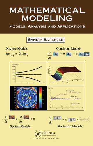 Almost every year, a new book on mathematical modeling is published, so, why
another? The answer springs directly from the fact that it is very rare to find a
book that covers modeling with all types of differential equations in one volume.
Until now. Mathematical Modeling: Models, Analysis and Applications covers
modeling with all kinds of differential equations, namely ordinary, partial, delay, and
stochastic. The book also contains a chapter on discrete modeling, consisting of
differential equations, making it a complete textbook on this important skill needed
for the study of science, engineering, and social sciences.
More than just a textbook, this how-to guide presents tools for mathematical
modeling and analysis. It offers a wide-ranging overview of mathematical ideas
and techniques that provide a number of effective approaches to problem solving.
Topics covered include spatial, delayed, and stochastic modeling. The text provides
real-life examples of discrete and continuous mathematical modeling scenarios.
MATLAB®
and Mathematica®
are incorporated throughout the text. The examples
and exercises in each chapter can be used as problems in a project.
Features
• Addresses all aspects of mathematical modeling with mathematical tools used
in subsequent analysis
• Incorporates MATLAB and Mathematica
• Covers spatial, delayed, and stochastic models
• Presents real-life examples of discrete and continuous scenarios
• Includes examples and exercises that can be used as problems in a project
Since mathematical modeling involves a diverse range of skills and tools, the author
focuses on techniques that will be of particular interest to engineers, scientists, and
others who use models of discrete and continuous systems. He gives students a
foundation for understanding and using the mathematics that is the basis of com-
puters, and therefore a foundation for success in engineering and science streams.
K12528
Engineering Mathematics
MATHEMATICAL
MODELING
MATHEMATICAL
MODELING
MATHEMATICAL
MODELING
Models, Analysis and Applications
Models, Analysis and Applications
Sandip Banerjee
Banerjee
K12528_Cover.indd 1 12/18/13 12:21 PM
 