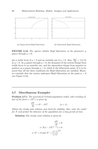 64 Mathematical Modeling: Models, Analysis and Applications
susceptible again. The following equations describe the model [26]
dS
dt
= −αSC + βI
dI
dt
= αSC − βI
dC
dt
= −γC
Epidemic Model of Inﬂuenza: The Kermac-McKendrick model, which
is the basic SIR model, is considered suitable for epidemic models of inﬂuenza
as it has proven useful in predicting some aspects of the course of local in-
ﬂuenza outbreaks in Great Britain and Russia. However, the basic SIR model
for inﬂuenza epidemics has some drawbacks. The model makes certain sim-
plifying assumptions whose signiﬁcance is testable only after extensive and
costly ﬁeld research. Therefore, the basic SIR model is extended to the SEAIR
model by introducing two additional compartments E and A. When a person
is infected with inﬂuenza virus, a short time elapses between infection and de-
velopment of the disease, which is called the incubation period. This class of
people going through the transition stage from infected to infectious is called
the E class. In the E class, a signiﬁcant number of persons never develop
symptoms, but they are capable of transmitting the disease. We call this the
A class.
FIGURE 3.8: A ﬂowchart of the modiﬁed Kermac-McKendrick SEAIR
model.
From the ﬂowchart (see Figure 3.8), the system of equations describing the
SEAIR model is given by [17, 26]
dS
dt
= −βS(δA + I)
dE
dt
= βS(δA + I) − μEE
dI
dt
= pμEE − μII
dA
dt
= (1 − p)μEE − μAA
dR
dt
= μAA + μII
 