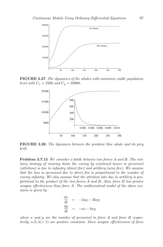 Continuous Models Using Ordinary Diﬀerential Equations 73
(a) Eigenvalues with positive real
parts
(b) Unstable focus
FIGURE 3.13: Phase plane diagram showing all the trajectories spiral away
from (0,0), an unstable spiral or an unstable focus.
3.6.1 Saddle-Node Bifurcation
In saddle-node bifurcation, ﬁxed points are created and destroyed. As
the parameter varies, the two equilibria existing on one side of the bifur-
cation disappear on the other side of the bifurcation. This means that as
the parameter varies, two equilibria move towards each other, coincide and
are destroyed. A saddle-node bifurcation of a ﬁxed point of the system
dy
dx = f(x, μ), where x ∈ Rn
and μ ∈ R, occurs at (x∗
, μ∗
) if
(i) there is an equilibrium at x = x∗
for μ = μ∗
, that is f(x∗
, μ∗
) = 0 or
(ii) the Jacobian matrix Dxf(x∗
, μ∗
) has a zero eigenvalue =
	
∂f
∂x


(x∗,μ∗)
Example 3.6.1 Consider the system [125]
dy
dx
= μ − x2
where μ is the parameter.
The system does not have an equilibrium point for μ  0 and for μ  0, it
has two nontrivial equilibrium points, namely, −
√
μ and +
√
μ. The Jacobian
matrix (in this case, a single element −2x) has a single eigenvalue λ = −2x.
Clearly, the equilibrium point
√
μ is a stable node and −
√
μ is an unstable
node (why?).
Now, it is noted that at (0, 0),
(i) f(x, μ) = μ − x2
/(0,0) = 0
(ii) Dxf =
∂f
∂x
/(0,0) has a zero eigenvalue at μ = 0
 