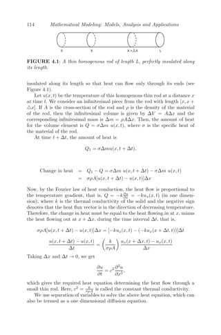 90 Mathematical Modeling: Models, Analysis and Applications
As t → ∞, p(t) tends to a steady value (α1−α2)
(β1−β2) , as both m1 and m2 are
negative.
Problem 3.7.11 Consider a model of species competing for food and space.
The governing equation is given by
dx
dt
= αx − βy
dy
dt
= γy − δx
where x and y are two competing species, α, β, γ, δ are positive constants.
(i) show that
d2
x
dt2
− (α + γ)
dx
dt
+ (αγ − βδ)x = 0
and solve for x.
(ii) Also, ﬁnd the solution for y.
(iii) If at t = 0, x = 100 and y = 200, obtain graphically the time when one
species is eliminated (take α = 0.2, β = 0.1, γ = 0.2, δ = 0.1).
Solution:(i) Given that,
dx
dt
= αx − βy and
dy
dt
= γy − δx
⇒
d2
x
dt2
= α
dx
dt
− β
dy
dt
= α
dx
dt
− β(γy − δx)
= α
dx
dt
− γ(−
dx
dt
− αx) + δβx
= α
dx
dt
+ γ
dx
dt
− αβx + δβx
⇒
d2
x
dt2
− (α + γ)
dx
dt
+ (αγ − βδ)x = 0
This is a second order ordinary diﬀerential equation with constant coeﬃcients,
whose auxiliary equation is
m2
− (α + γ)m + (αγ − βδ) = 0.
Solving, we get, m1, m2 =
(α + γ) ±

γ2 + α2 + 4βδ − 2αγ
2
Therefore, the required solution is
x(t) = Aem1t
+ Bem2t
(ii) y(t) = Cem3t
+ Dem4t
(Do yourself).
(iii) The model is solved numerically with α = 0.2, β = 0.1, γ = 0.2, δ = 0.1
and Figure 3.22 shows that species x goes to extinction after 5.5 units of time.
 