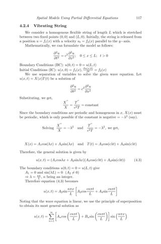 Continuous Models Using Ordinary Diﬀerential Equations 93
A0 = A(0) being the units of C14
present at time t = 0. Taking A(t)
A0
= 0.92
and 0.93, we get,
t1 = −
1
0.000121
loge (0.92) ≈ 689 and
t2 = −
1
0.000121
loge (0.93) ≈ 600.
Therefore, from the test conducted by the British Museum in 1988, it was
concluded that the Shroud was between 600 and 689 years old, thereby plac-
ing its origin between 1299 A.D. and 1388 A.D. Hence, by the method of C14
dating, the Shroud of Turin cannot be the burial shroud of Jesus of Nazareth.
Problem 3.7.14 We consider a competition model of the form
dx
dt
= 0.05x
	
1 −
x
250000


− axy
dy
dt
= 0.08y
	
1 −
y
400000


− axy
where x denotes the population of blue whales and y denotes the population of
ﬁn whales.
(i) Find the equilibrium points for a = 10−8
.
(ii) Solve the model numerically, assuming x(0) = 6000 and y(0) = 60, 000
for a = 10−8
and 10−6
and conclude on the dynamics of the system.
(iii) Assuming that x(0) = 6000, and y(0) = 60000 and a = 10−7
, simulate to
ﬁnd out what happens to the two species of whales over the long term.
(iv) Currently, the intrinsic growth rate of the blue whale is 5% per year.
Assuming a = 10−8
and intrinsic growth rates to be 2%, 3%, 4%, 6% and 7%
per year, solve the model numerically to comment on the dynamics of the two
species of whales.
(v) The eﬀects of harvesting is now considered on the two whale populations.
Assuming a = 10−8
and E = 3000 boat days per year, resulting in the annual
harvest of qEx blue whales and qEy ﬁn whales (q = catch ability coeﬃcient =
10−5
), rewrite the model and ﬁnd what happens to the two whale species over
the long term, by numerical simulation. Repeat the same process for E = 6000
boat days per year. Find the range of E for which the number of whales of
both species approach a non-zero equilibrium.
(vi) Taking E = 500, 1000, 1500, 2000, 2500, 3000, 4000, 4500, 5500, 6000, 7000
boat days, comment on which case results in the highest sustainable yield.
(vii) Assuming x(0) = 140000 and y(0) = 350000 (before mankind began to
harvest), ﬁnd the minimum level of eﬀort required to reduce the blue whales
to the level of around 6000 whales.
 