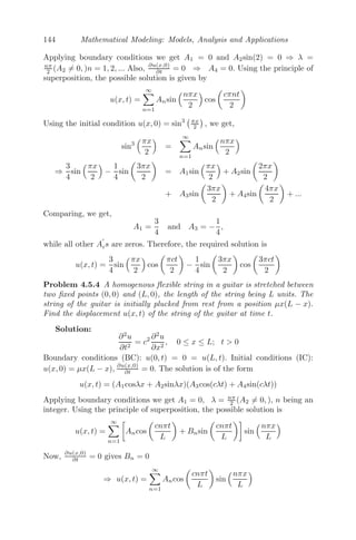 120 Mathematical Modeling: Models, Analysis and Applications
smooth function of x and t respectively), we get,

 x2
x1

 t2
t1
∂ρ(x, t)
∂t
dtdx +

 t2
t1

 x2
x1
∂f(x, t)
∂x
dxdt = 0
⇒

 x2
x1

 t2
t1

∂ρ(x, t)
∂t
+
∂f(x, t)
∂x

dtdx = 0
(changing the order of integration for the second integral)
⇒
∂ρ(x, t)
∂t
+
∂f(x, t)
∂x
= 0 (4.6)
(assuming that the interval is piecewise continuous).
Now, suppose there are 50 cars per kilometer on a road and each car is
traveling at 80 km/h, then to a person standing at one side of the road, 80
km worth of cars will pass in one hour, that is, 50 × 80 = 4000 cars per hour.
In other words, the ﬂux in this case is ρu = 50 cars/km×80 km/h
= 4000cars/h
Therefore, we can express traﬃc ﬂux as a product of traﬃc density and ve-
locity, that is,
f(x, t) = ρ(x, t)u(x, t) (4.7)
Using (4.7), (4.6) becomes
∂ρ
∂t
+
∂(ρu)
∂x
= 0 (4.8)
Please note that the above continuity equation in one dimension has two
unknowns, namely, ρ and u, which are again functions of x and t. Since we
have only one partial diﬀerential equation, further information is necessary. A
reasonable assumption by a traﬃc modeler may be u = u(ρ), that is, velocity
of the car is a function of traﬃc density alone (such functions are called
equations of state or constitutive relations). Then (4.8) becomes
∂ρ
∂t
+
∂(ρu(ρ))
∂x
= 0
which is a partial diﬀerential equation of the ﬁrst order.
Corollary 1: For a single lane open road, it is reasonable to take velocity
as a function of traﬃc density only. The simplest relation between car velocity
and traﬃc density is the linear relation
u(ρ) = umax

1 −
ρ
ρmax

, 0 ≤ ρ ≤ ρmax (4.9)
where umax is the maximum velocity with which an isolated car will travel,
 