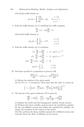 126 Mathematical Modeling: Models, Analysis and Applications
4.2.7 Crimes Model
Crimes occur in both urban and rural environments. Some areas are rea-
sonably safe while others are dangerous, demonstrating that crime is not uni-
formly distributed. Criminals have their favorite zones and victim types, who
are repeatedly targeted in a short time period [60, 61, 62, 64]. Some zones
are commonly known as crime hotspots [121, 130]. Crime patterns depend on
many factors. For example, the preference of a burglar to visit a previously
burglarized house or an adjacent one will depend on the information about
the schedules of the occupants or the types of valuables that may be stolen.
The preference of the burglar may also depend on the choice of some favor-
able neighborhood where past successful burglaries have created an impression
that the occupants are crime tolerant, resulting in the growth of more illegal
activities. This is known as the broken window eﬀect [121, 133].
Here we discuss a simple crime model, namely residential burglary, which is
common in both urban and rural areas. The proposed model is a modiﬁcation
of that given in [121]. Let A(x, y, t) denote the attractiveness to burglars and
C(x, y, t) be the criminal density for a location. The equations that model a
simple residential burglary are
∂A
∂t
= α CA − β A + D1∇2
A
∂C
∂t
= γ − δ CA + D2∇2
C, where, ∇2
≡
∂2
∂x2
+
∂2
∂y2
.
In the ﬁrst equation, the term αCA shows the positive eﬀect of successful
burglaries on attractiveness of location. A successful burglary at one location
encourages the burglars to repeat the crime at the same location or adjacent
to it. Thus, the density of burglars is increased due to attractiveness of a
location. The decay term (−βA) implies that with time, the attractiveness
of a particular location diminishes. Successful burglaries in the past may not
encourage the burglars to commit the crime more recently, resulting in the de-
cline of attractiveness of a location. The diﬀusion term D1∇2
A measures the
spread of attractiveness to the neighboring areas due to successful burglaries
in that location, D1( 0) being the diﬀusion coeﬃcient.
In the second equation, γ is the constant source of burglars per area at a
given location. While some burglars leave the location after a successful bur-
glary, new thieves may enter the location due to its attractiveness and hence
a constant input of criminals is assumed. The term (−δCA) implicates that
due to the attractiveness of a location, a burglar will commit the burglary in
that location rather than moving to another one. Hence, there will be a reduc-
tion in the criminal density. The term D2∇2
C gives the random movement
of the criminals. Due to some unavoidable circumstances, a burglar may also
decide to move to a neighboring location, without committing a burglary in
the present location.
 