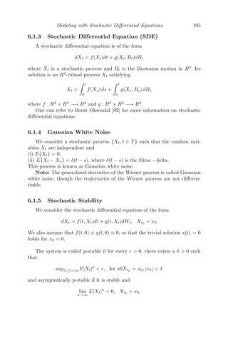 Spatial Models Using Partial Diﬀerential Equations 151
12. Segal and Jackson [119, 26] have modeled a spatially distributed
predator-prey system as
Prey :
∂V
∂t
= (k0 + k1V ) − AV E + μ2∇2
V
Predator :
∂E
∂t
= BV E − ME − CE2
+ μ2∇2
E
(i) Describe the model by explaining each term in the equations.
(ii) Assuming M = 0 and putting v = V B
k0
and e = Ec
k0
, write the model
in non-dimensionlized form as
∂v
∂t
= (1 + kv)v − aev + δ2
∇2
v
∂e
∂t
= ev − e2
+ ∇2
e
where k = k1
B , a = A
C and δ2
= μ1
μ2
.
(iii) Find the non-trivial homogenous steady state(s).
(iv) Show that the condition for diﬀusive instability is k−δ2
 2
√
a − k.
13. The spread of least colonies was introduced by Gray and Kirwan [26, 48]
and is given by
∂Y
∂t
= D1
∂2
Y
∂x2
+ kY (G − G0)
∂G
∂t
= D2
∂2
G
∂x2
− ckY (G − G0)
Here, Y (x, t) is the density of yeast cells and G(x, t) is the glucose con-
centration in medium at time t and location x.
(i) Explain the model and ﬁnd the homogenous steady state(s).
(ii) Perform the linear stability analysis about the equilibrium point(s)
for the non-diﬀusive system and obtain the condition for stability. In-
terpret the condition in context with the model.
(iii) Now, perform the linear stability analysis for the diﬀusive system
and comment about the eﬀect of diﬀusion on the system.
14. A space dependent arms race model is given by [64]
∂A1(x, t)
∂t
= aA2
2 − mA1 + r + D1
∂2
A1
∂x2
∂A2(x, t)
∂t
= bA2
1 − nA2 + s + D2
∂2
A2
∂x2
where A1 and A2 are the amounts spent on arms by two countries C1
and C2, where the parameters a, b, m, n are positive.
(i) Explain the model and ﬁnd the non-trivial homogenous steady
 