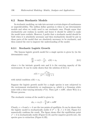 152 Mathematical Modeling: Models, Analysis and Applications
state(s).
(ii) Using the Dirichlet boundary condition solve the model numerically
by taking appropriate values of a, b, m, n, r, s and comment on the re-
sult.
(iii) How does the result change if Neumann’s boundary condition is
used?
15. The model of reaction diﬀusion system is given by
∂M1
∂t
= αM1M2 − βM2
1 + δ2 ∂2
M1
∂x2
∂M2
∂t
= M2 − M1M2 + M2
2 +
∂2
M1
∂x2
where M1 and M2 are morphogen concentrations. All the parameters
α, β, δ are positive constants.
(i) Explain the model and ﬁnd the non-zero equilibrium point (s).
(ii) Obtain the conditions for Turing instability and evaluate the values
of δ for which Turing instability can take place.
 